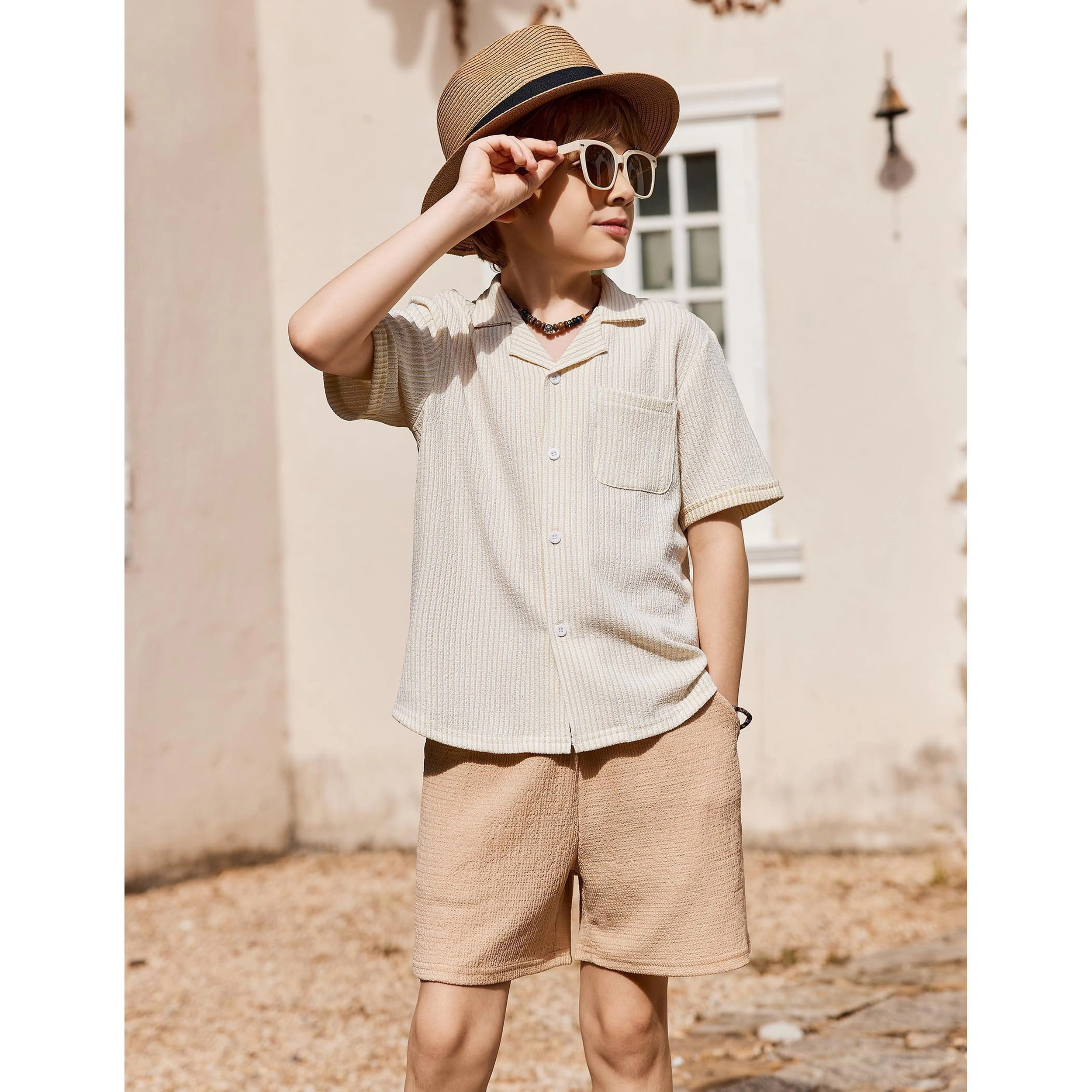 Arshiner Boys Ribbed Textured Outfits Short Sleeve Cuban Collar Shirt Shorts Set Summer