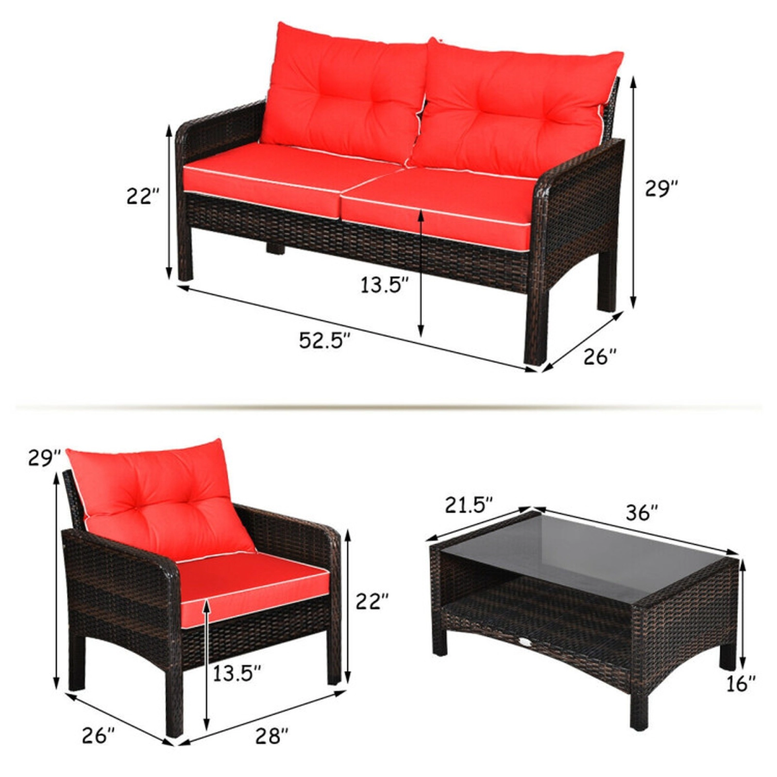 SUGIFT 4-Piece 800-lb Loveseat Capacity Red Rattan Wicker Patio Furniture Set with Glass Storage Table