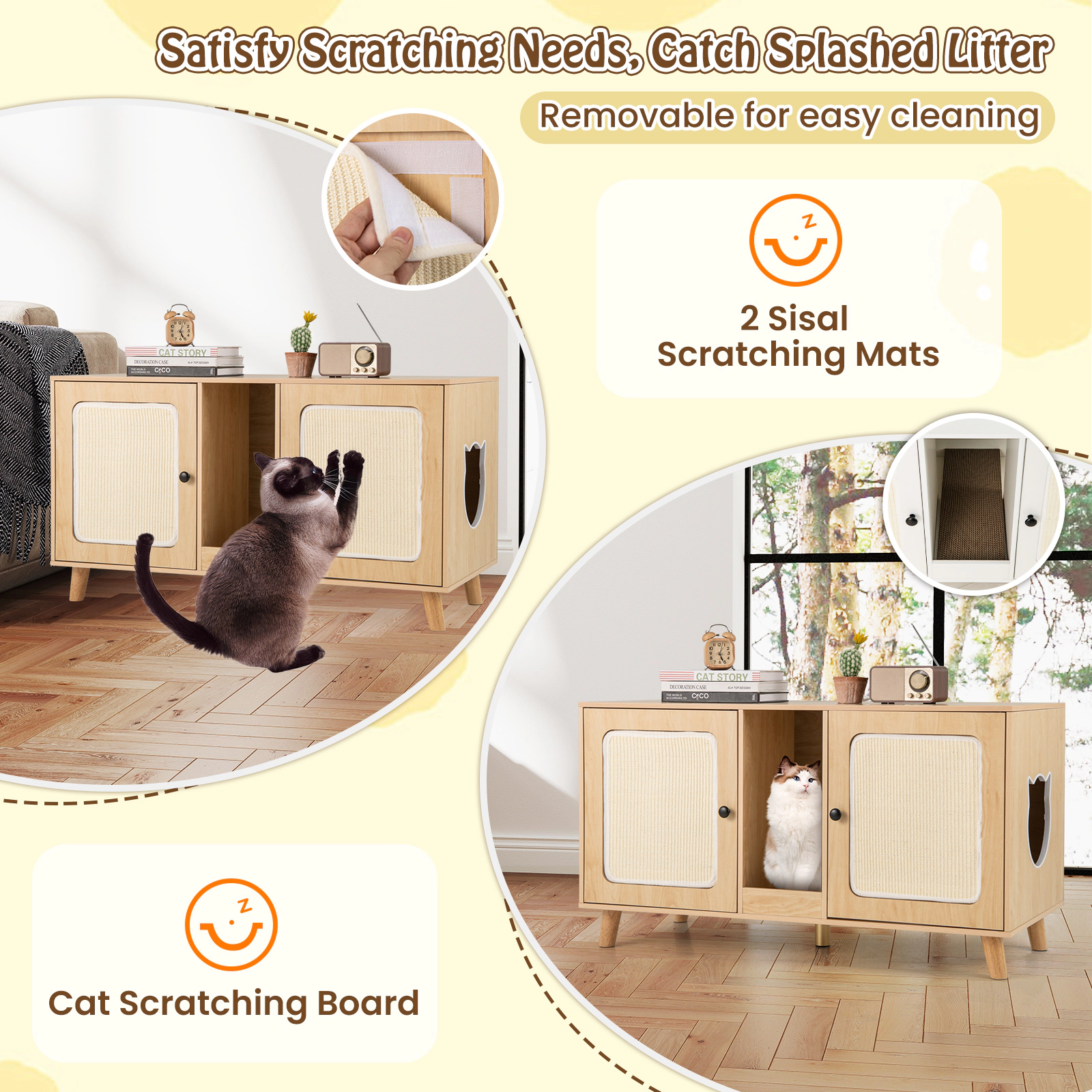 SUGIFT Natural Double Room Cat Litter Box Enclosure with 2 Sisal Scratching Mats 43-in W 20-in D 24-in H