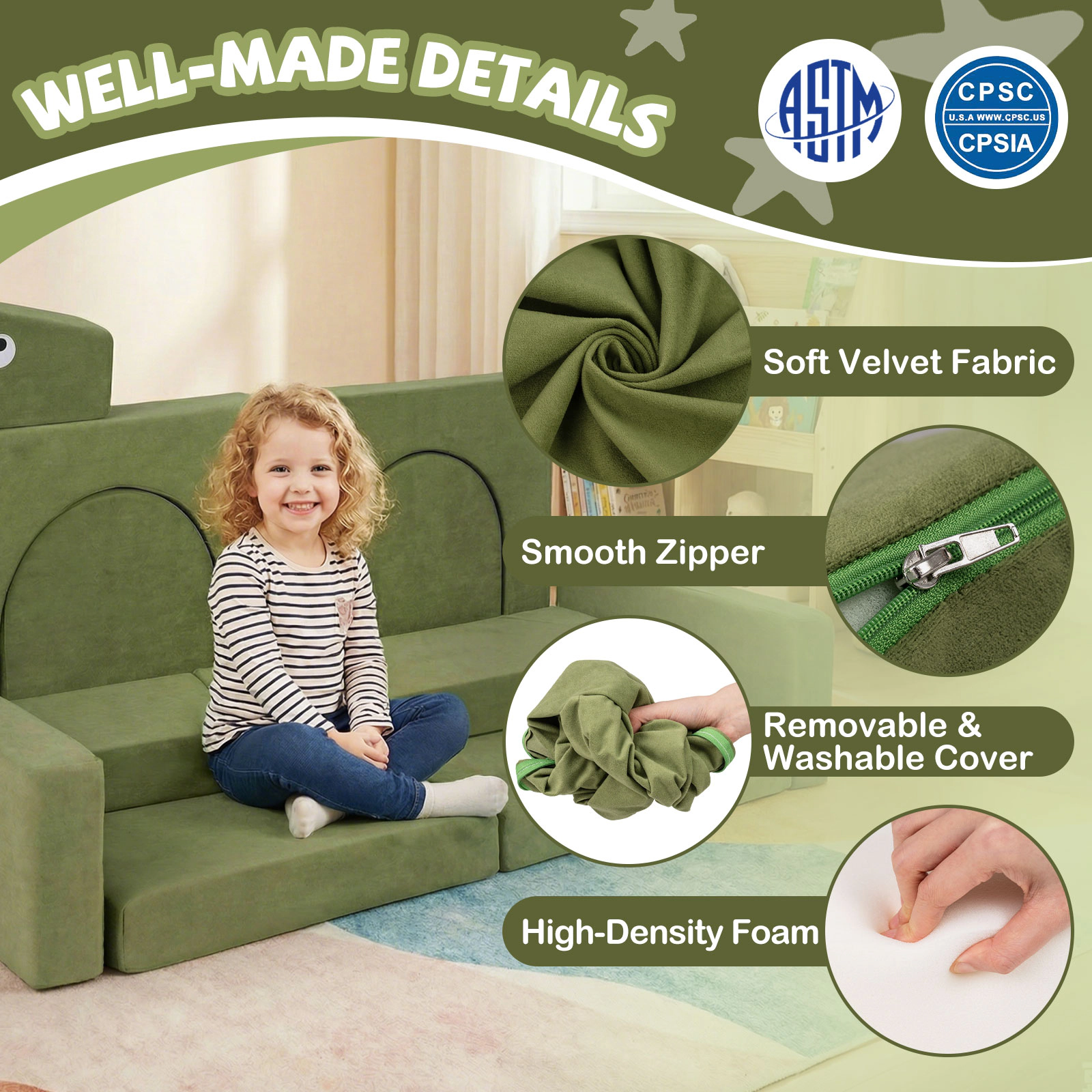 SUGIFT 13-Piece Modular Kids Play Couch with High-Density Foam 56-in Wide Ages 3+ Dinosaur Velvet Fabric