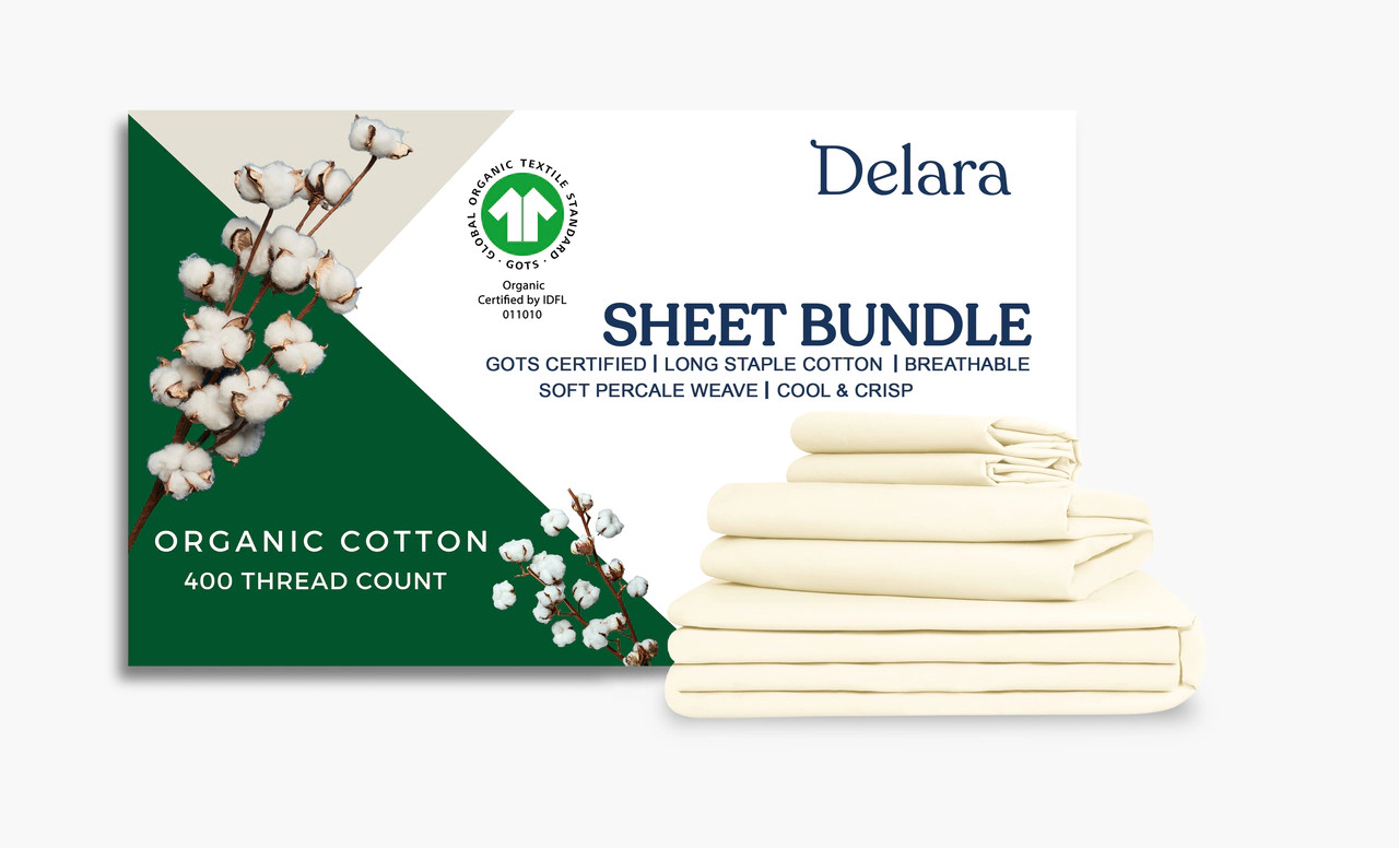 Delara 100% Organic Cotton Percale Bedding Bundle Sets, GOTS Certified, Ultra Soft Smooth & Breathable