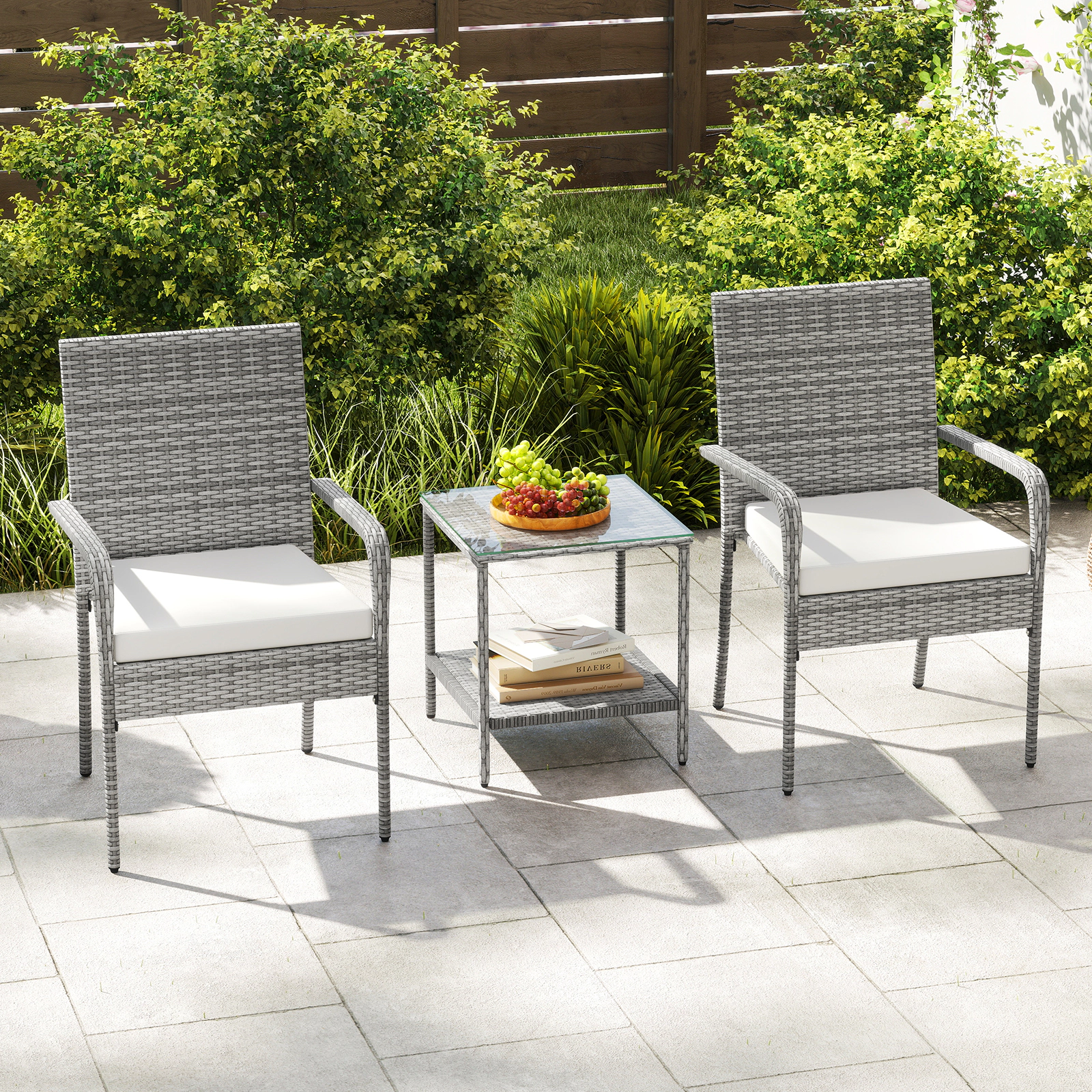SUGIFT 3-Piece Gray Rattan Bistro Set with 2 Armchairs and 2-Tier Glass Table