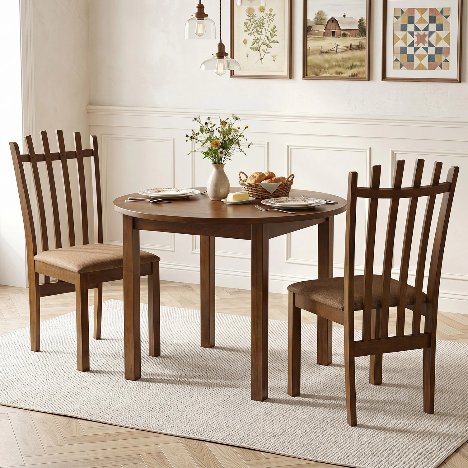 SUGIFT Rubber Wood Slat Back Kitchen Dining Chairs Set of 2 with Cushioned 18-in Seat 330-lb Capacity Walnut+Brown