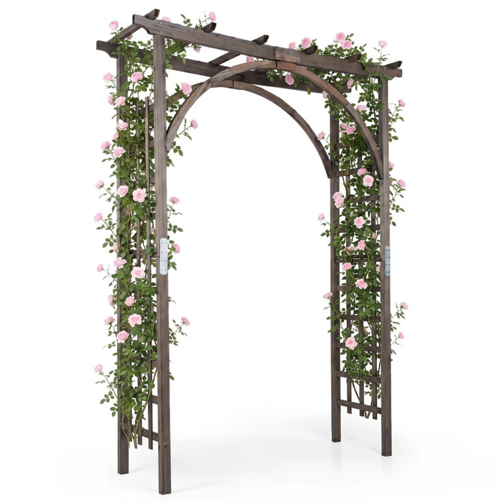 SUGIFT 85-in Flat Top Dark Brown Fir Wood Garden Arch Trellis with 52-in Wide Entry and Metal Connectors