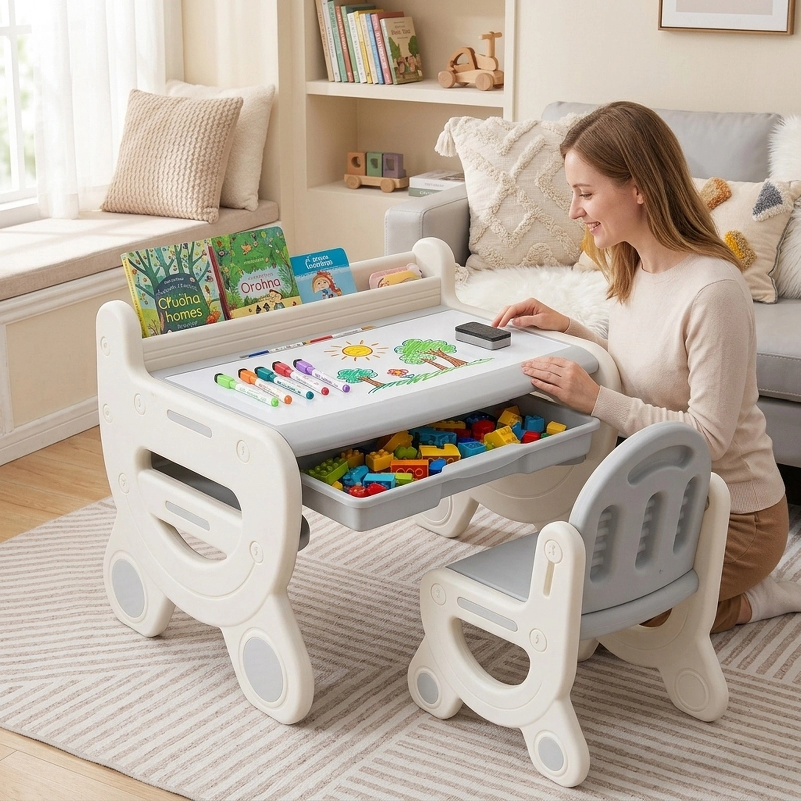 SUGIFT Kids Drawing Table and Chair Set, Erasable Top, Pens, Gray