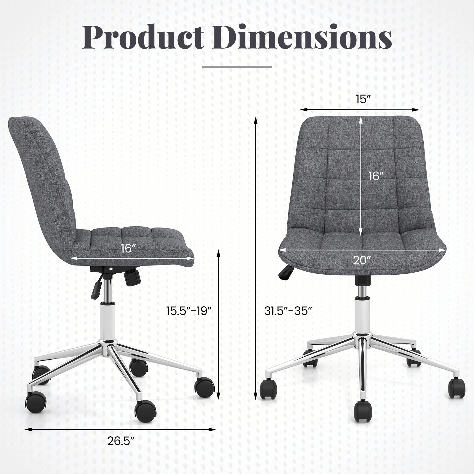 SlickBlue Gray Armless Desk Chair with Wheels Adjustable Height Swivel Office Chair