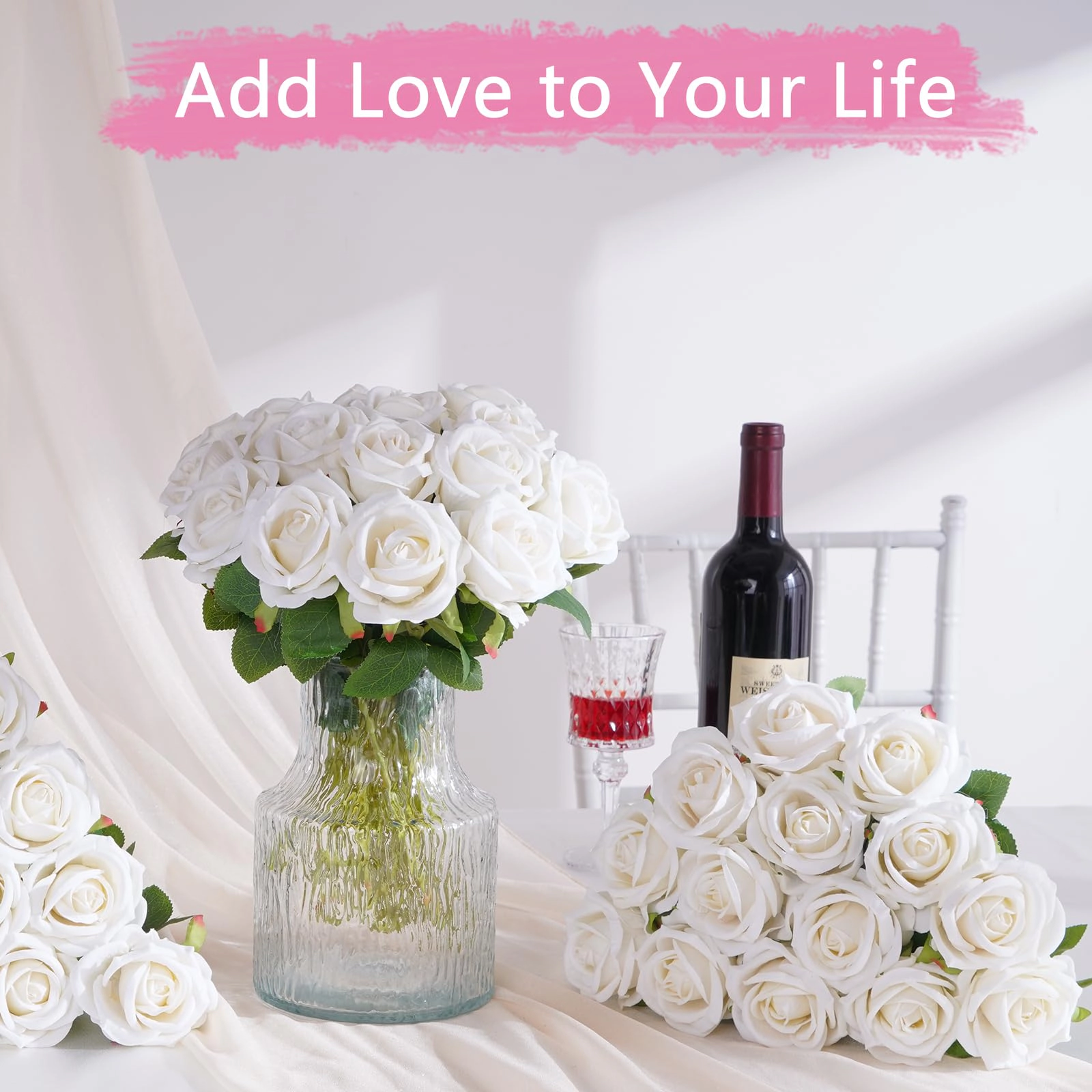 PUPWE 50White Roses Artificial Flowers  Real Touch Bouquet