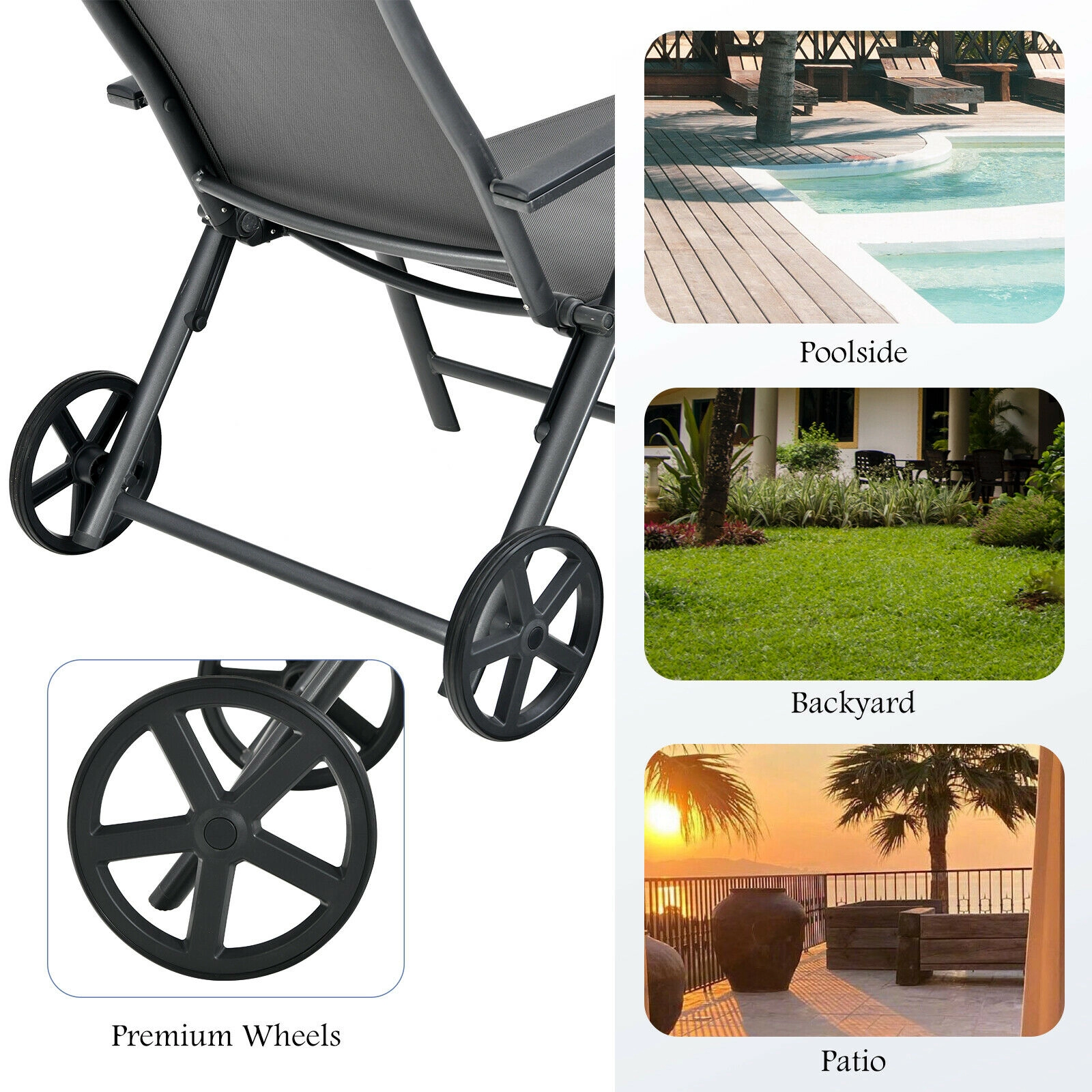 SUGIFT 7-Position Aluminum Patio Lounge Chair with Wheels and Neck Pillow 330-Lb Capacity Gray