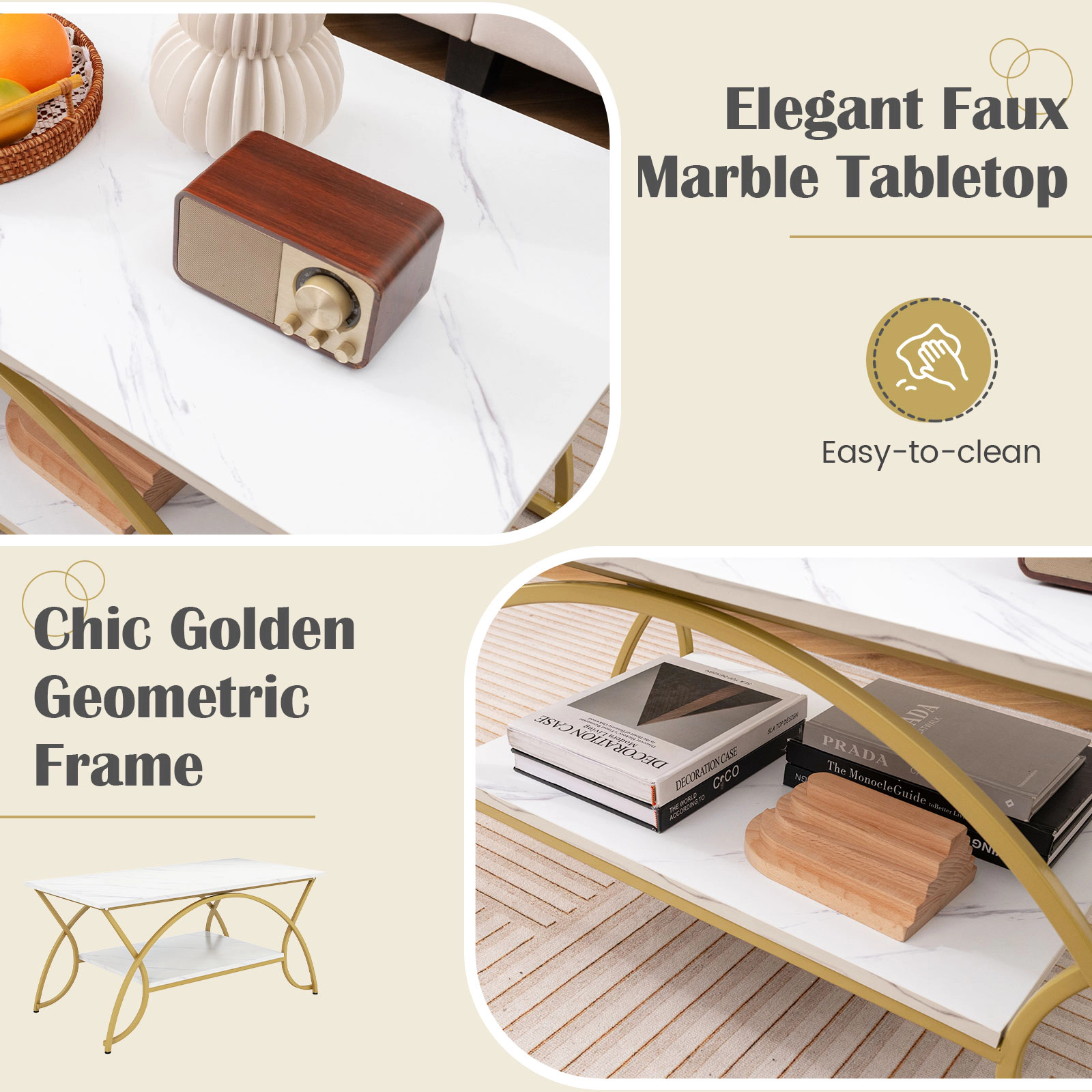 SUGIFT 2-Tier Rectangular Coffee Table with 39.5-in Top 110-lb Tabletop Capacity Golden White Marble Pattern Top