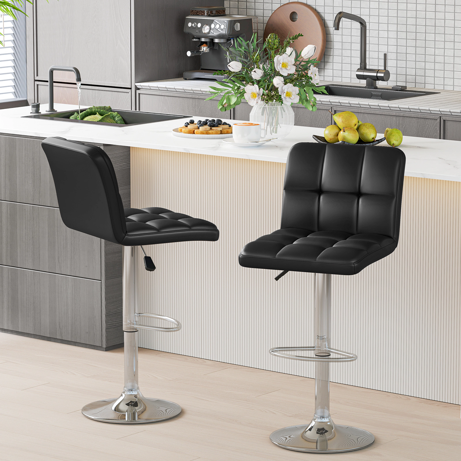 SUGIFT Black Adjustable Height and PU Leather Seat Set of 2 Modern Swivel Bar Stool