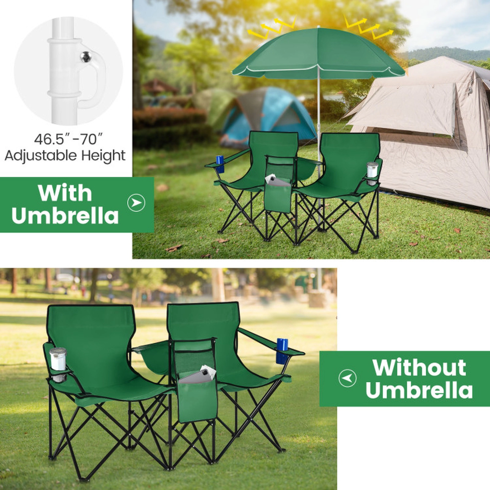 SUGIFT 2-Seat Folding Loveseat with Removable Umbrella and Cooler Bag, 600 lb Capacity