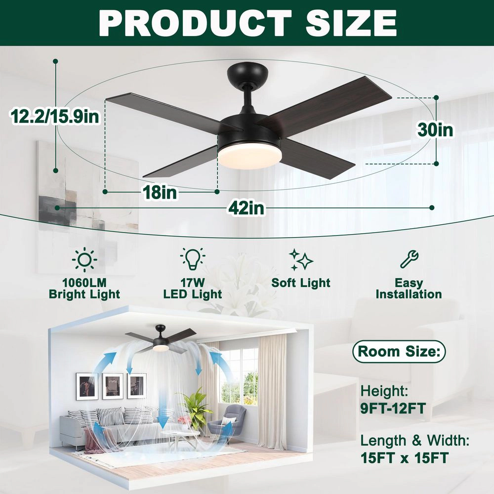Flynama 42 in. Black LED Ceiling Fan with Light, 4 Plywood Blades, Dimmable Remote Control, Downrod Mount