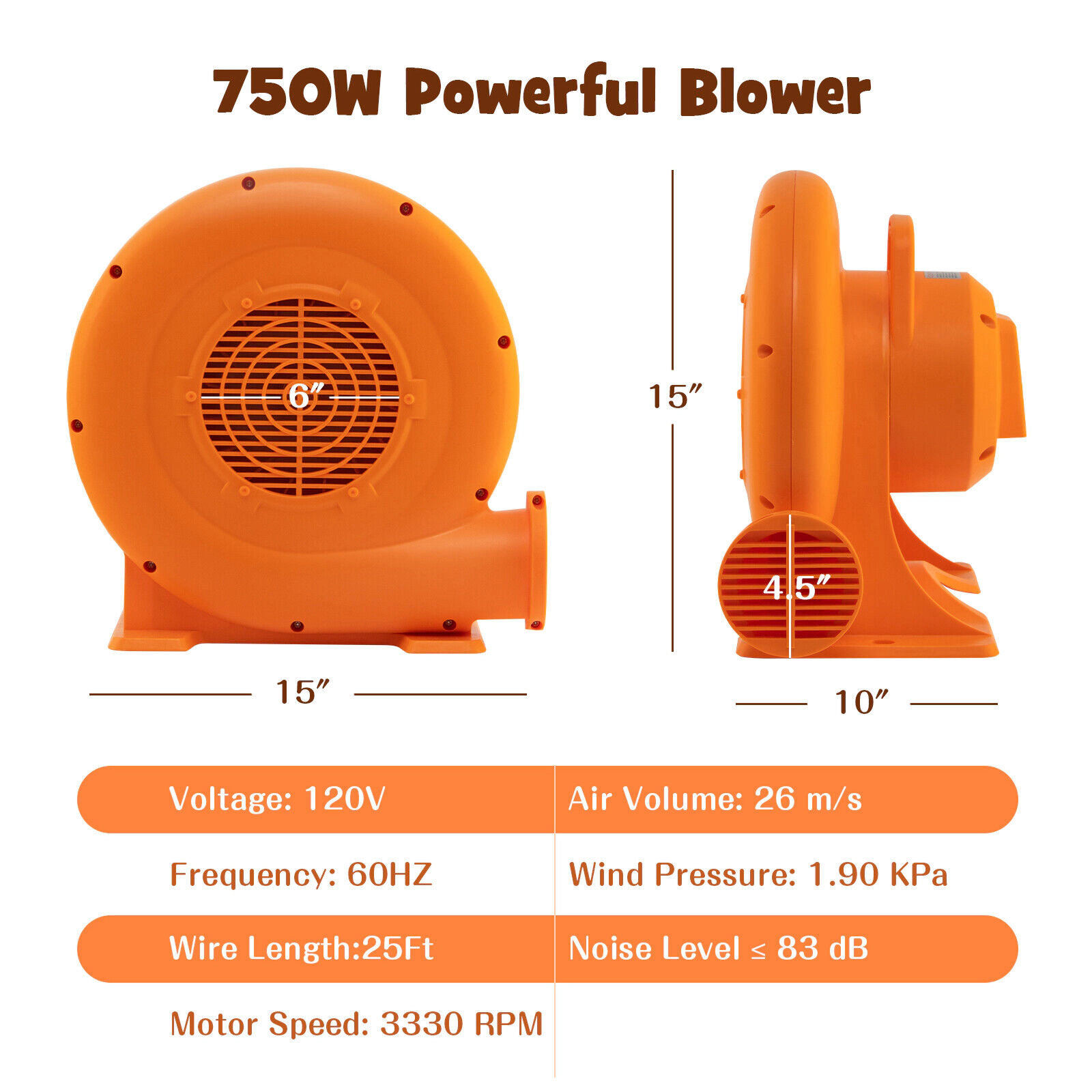 SUGIFT Orange 750W Air Blower for Kids Bounce House with 25-ft Cord and Ground Fault Plug 15-in W 10-in D 15-in H
