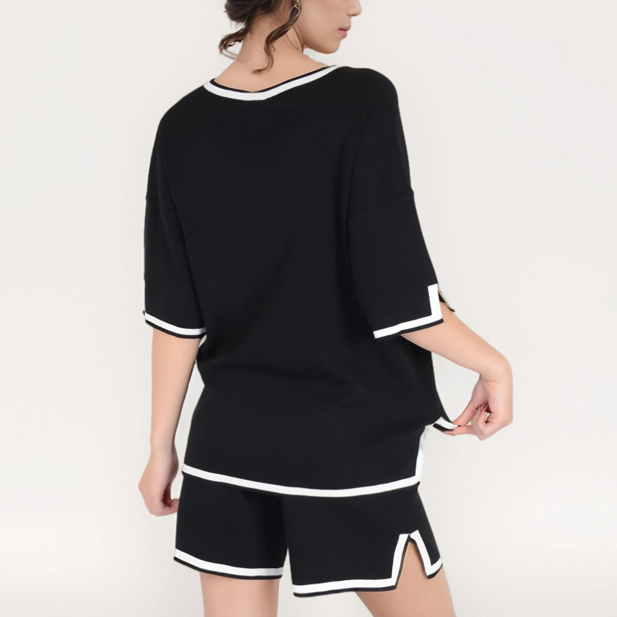 Anna-Kaci Women's Knit Lounge Set with V-Neck Top and Drawstring Shorts Featuring Contrast Trim