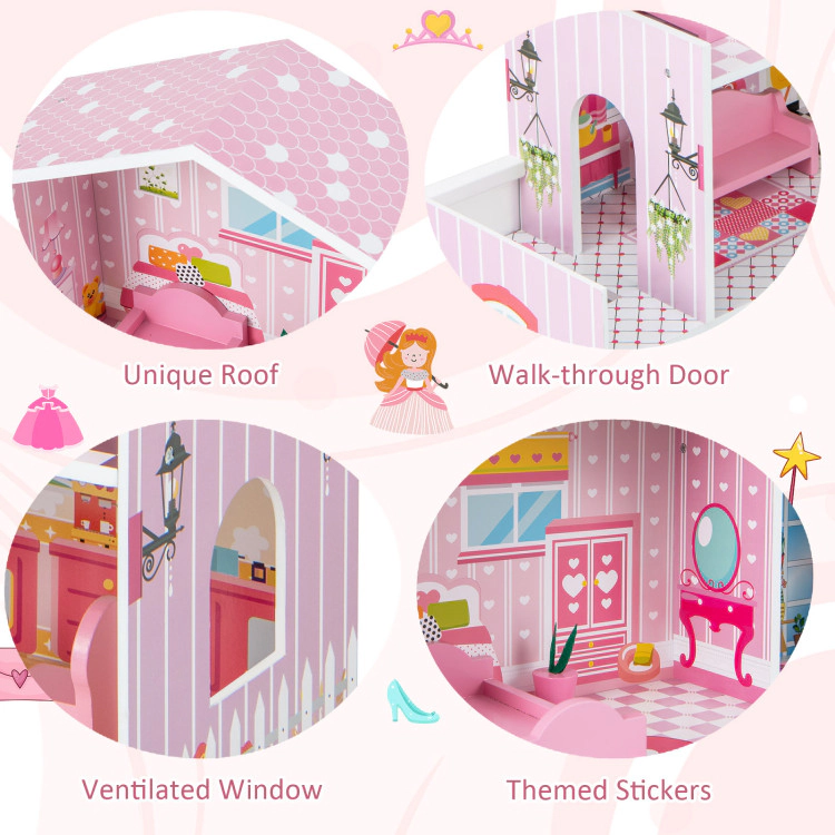 Hivvago Kids Wooden Dollhouse Playset with 5 Simulated Rooms and 10 Pieces of Furniture