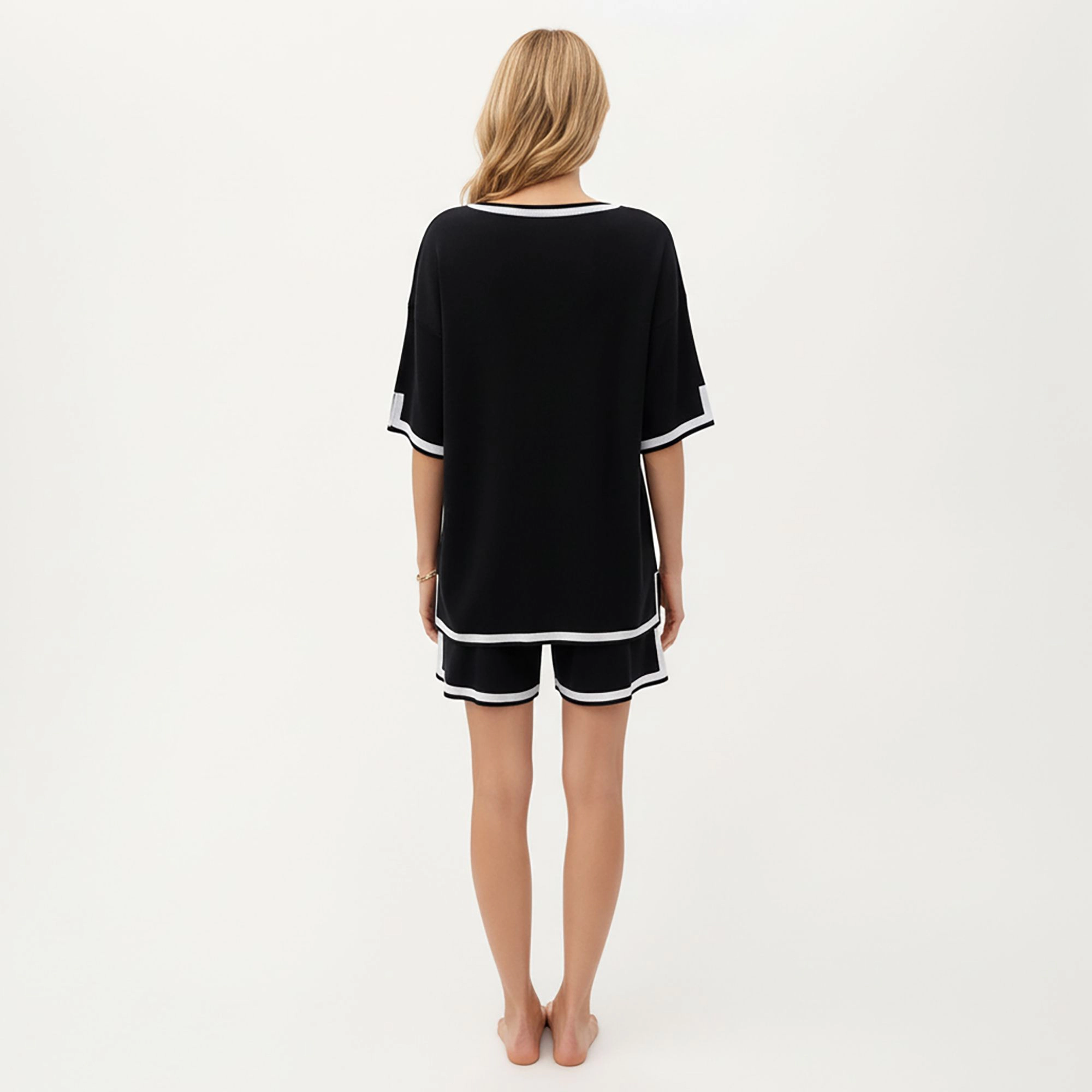 Anna-Kaci Women's Knit Lounge Set with V-Neck Top and Drawstring Shorts Featuring Contrast Trim