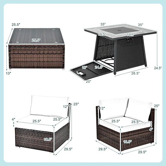 SUGIFT 7-Piece Red Patio Rattan Sectional Set with 50000-BTU Fire Pit Table 35-in W 24.5-in H 400-lb Sofa Capacity
