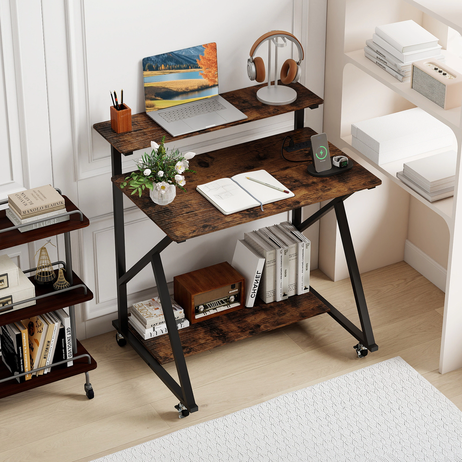 SUGIFT 32 in Rolling Computer Desk Rustic Brown for Small Spaces with Power Outlets