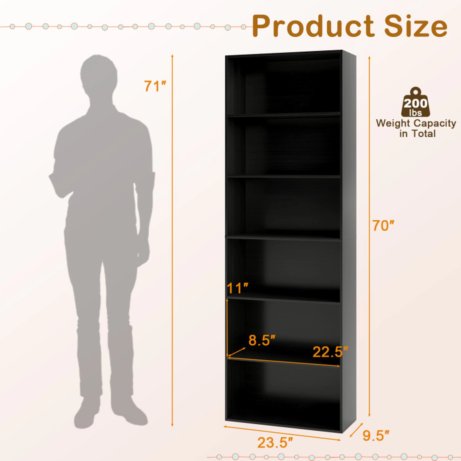 SUGIFT 6-Tier Bookcase with 6 Open Shelves 200-lb Total Capacity Anti-Toppling Kits Black