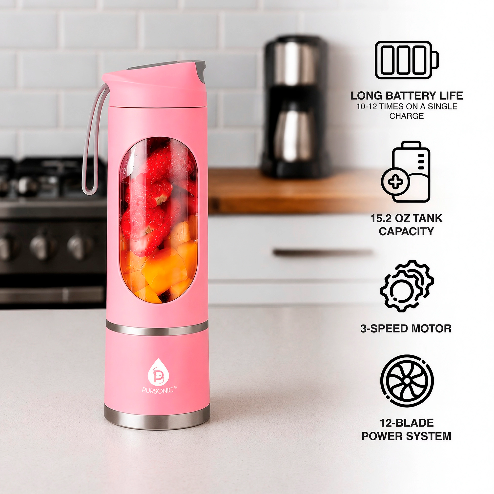 Pursonic Unisex USB Portable Juicer & Blender Cup – 12-Blade Smoothie Maker with 3-Speed Motor & USB-C Charging