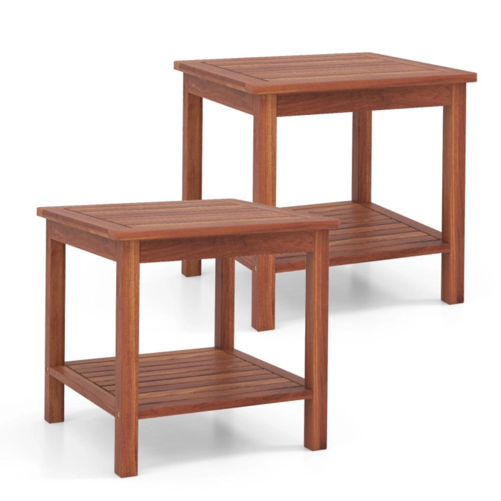 Hivvago Set Of 2 Double-Tier Acacia Wood Patio Side Table With Slatted Tabletop And Shelf