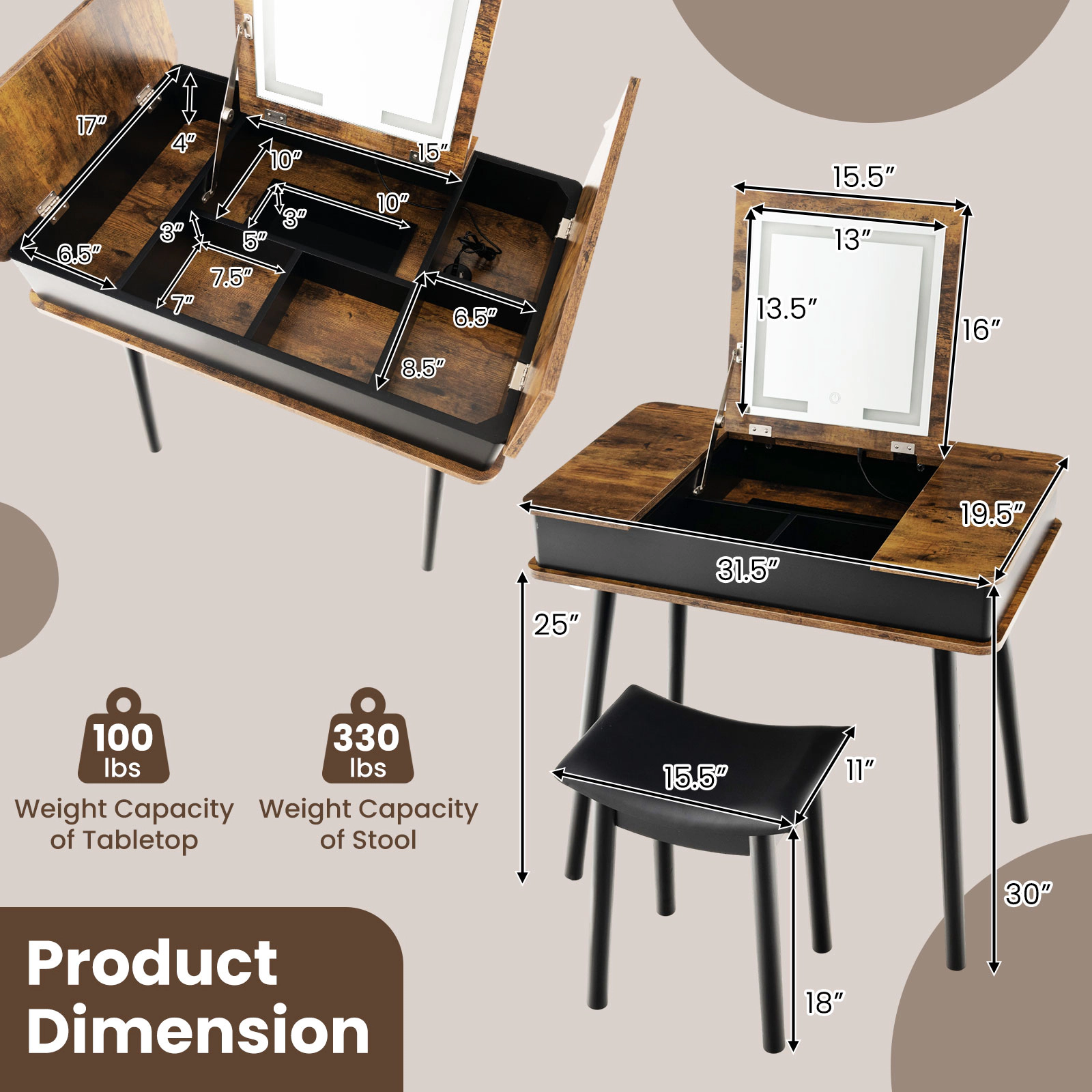 SUGIFT Flip-Top Lighted Mirror Vanity Table Writing Desk and Stool 99-lb Tabletop 330-lb Stool Rustic Brown