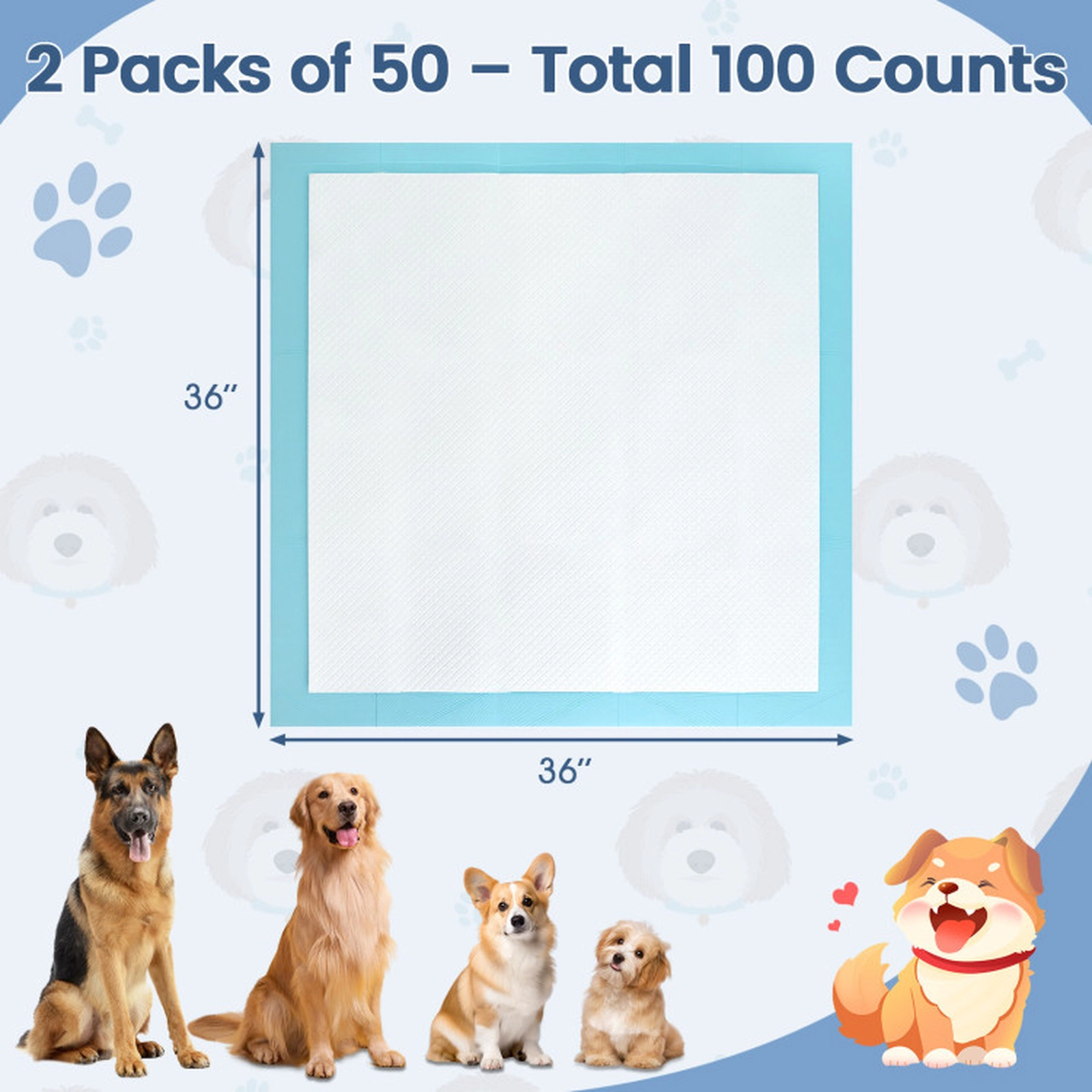 SUGIFT Blue Disposable Dog Pee Pads with 6-Layer Absorbent Core and PE Backing 36-in W 36-in D 100 Count Pack