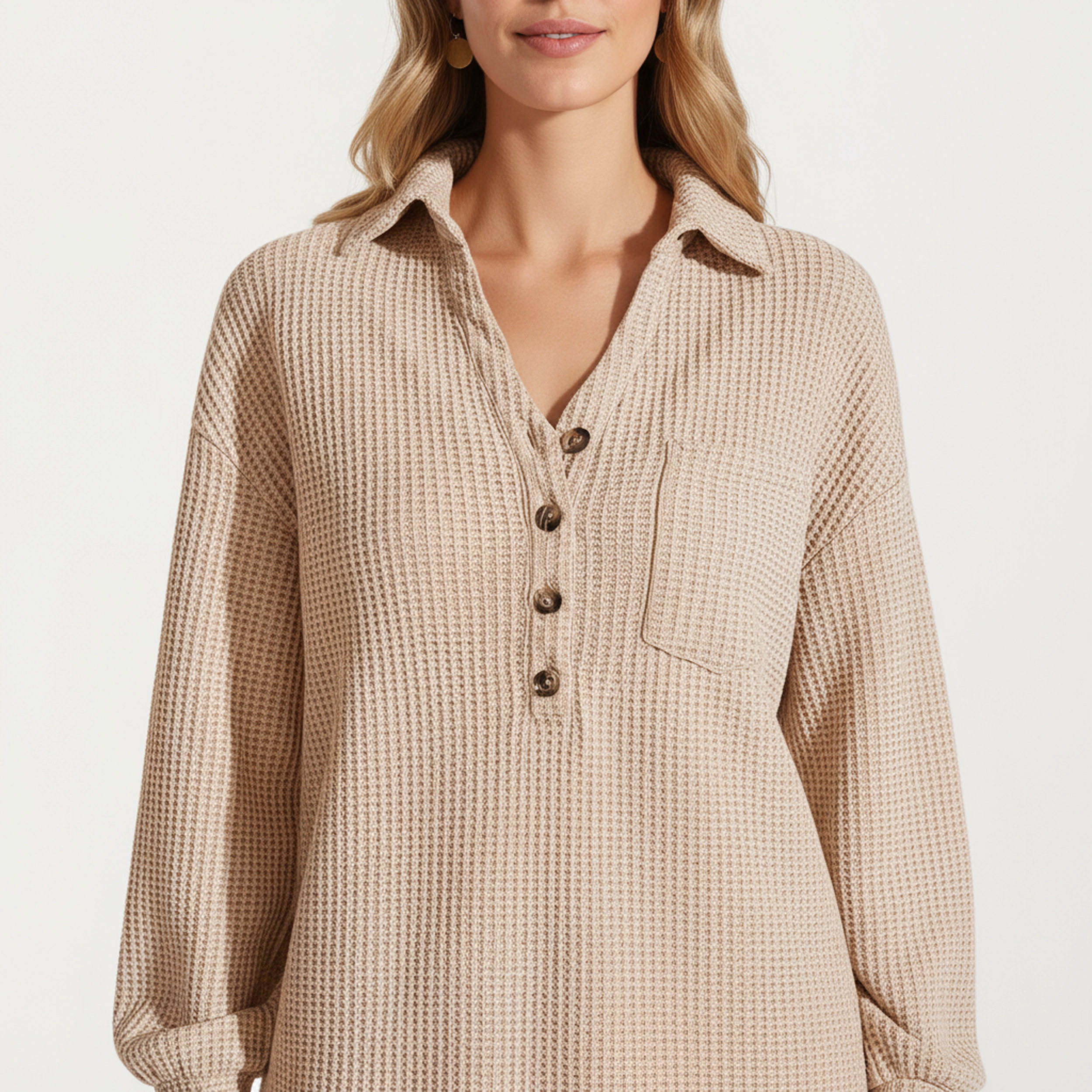 Anna-Kaci Women's Waffle Knit Button Front Collared Neckline Shirt Dress