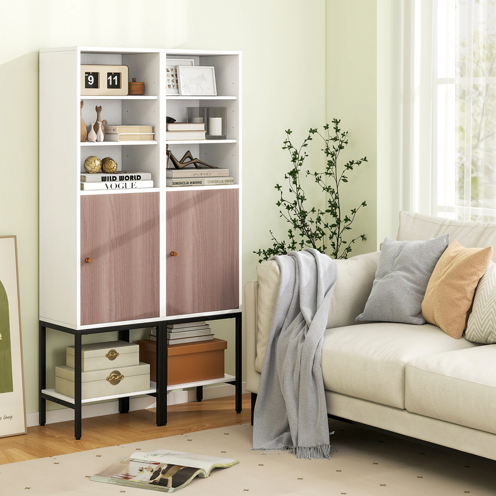 SUGIFT White 57-in 165-lb Capacity Narrow Bathroom Storage Cabinet with 1 Door 3 Open Compartments and Countertop