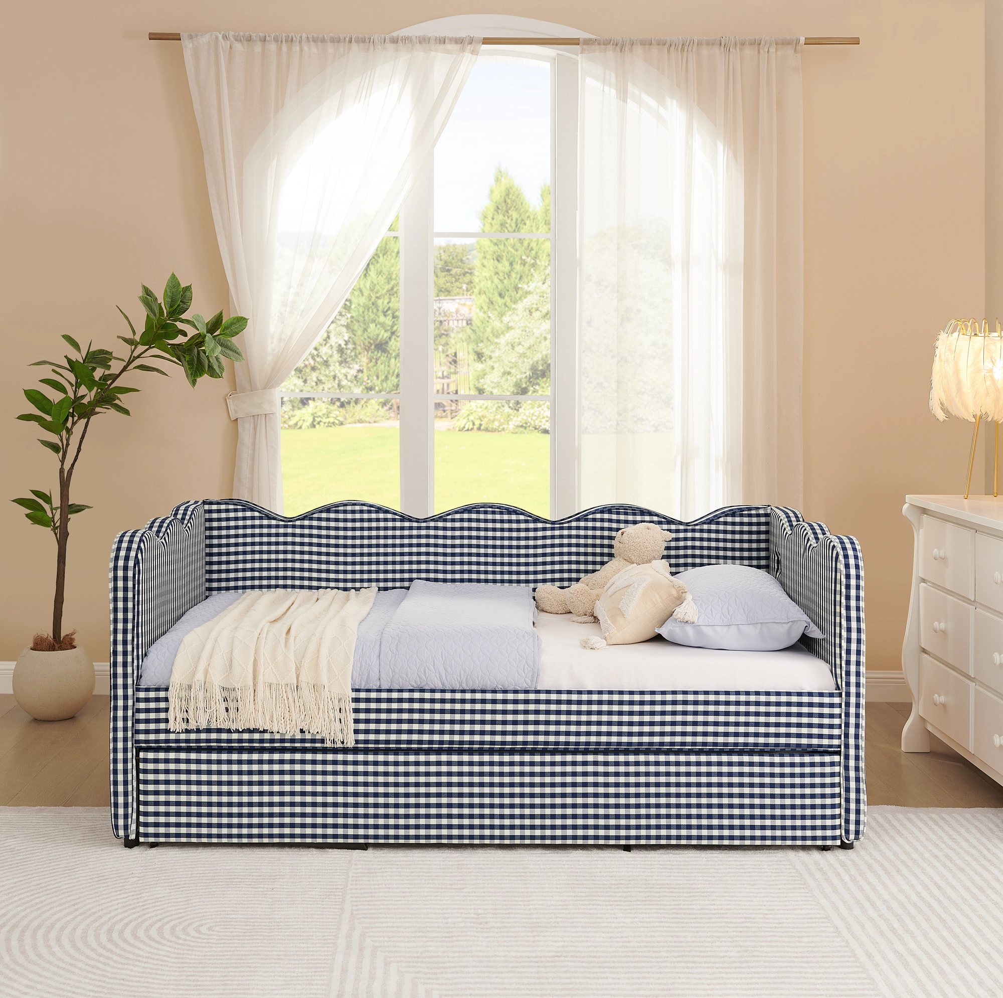 Flynama Gingham Daybed with Twin Trundle, USB Port, Wave Design, Linen, Navy
