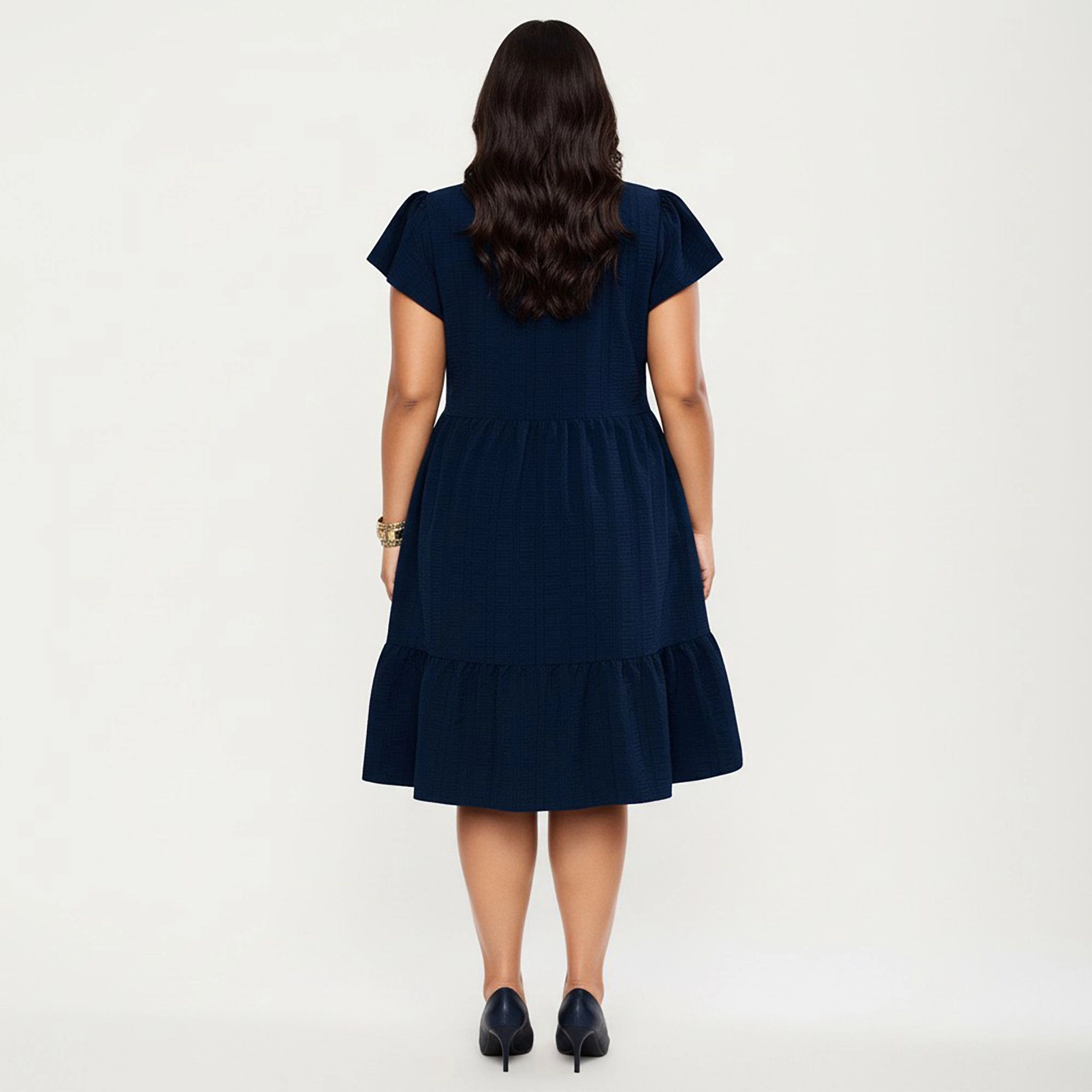 Anna-Kaci Women's Plus Size Textured Crew Neck Tiered Skirt Ruffle Sleeve Detail Flowy Babydoll Fit Dress