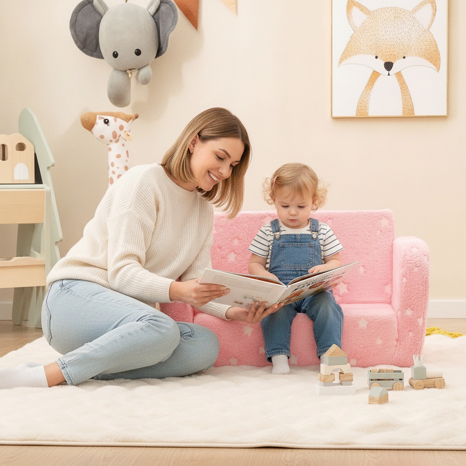 2-in-1 Folding Kids Couch Toddler Fold Out Sofa Bed with Glow in the Dark Print Blanket Included and OEKO-TEX Pink