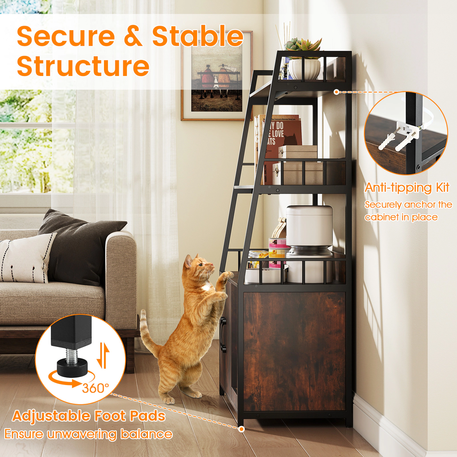 SUGIFT Rustic Brown Cat Litter Box Enclosure with 2 Storage Shelves and Scratching Pad 31.5-in W 15.5-in D 52-in H