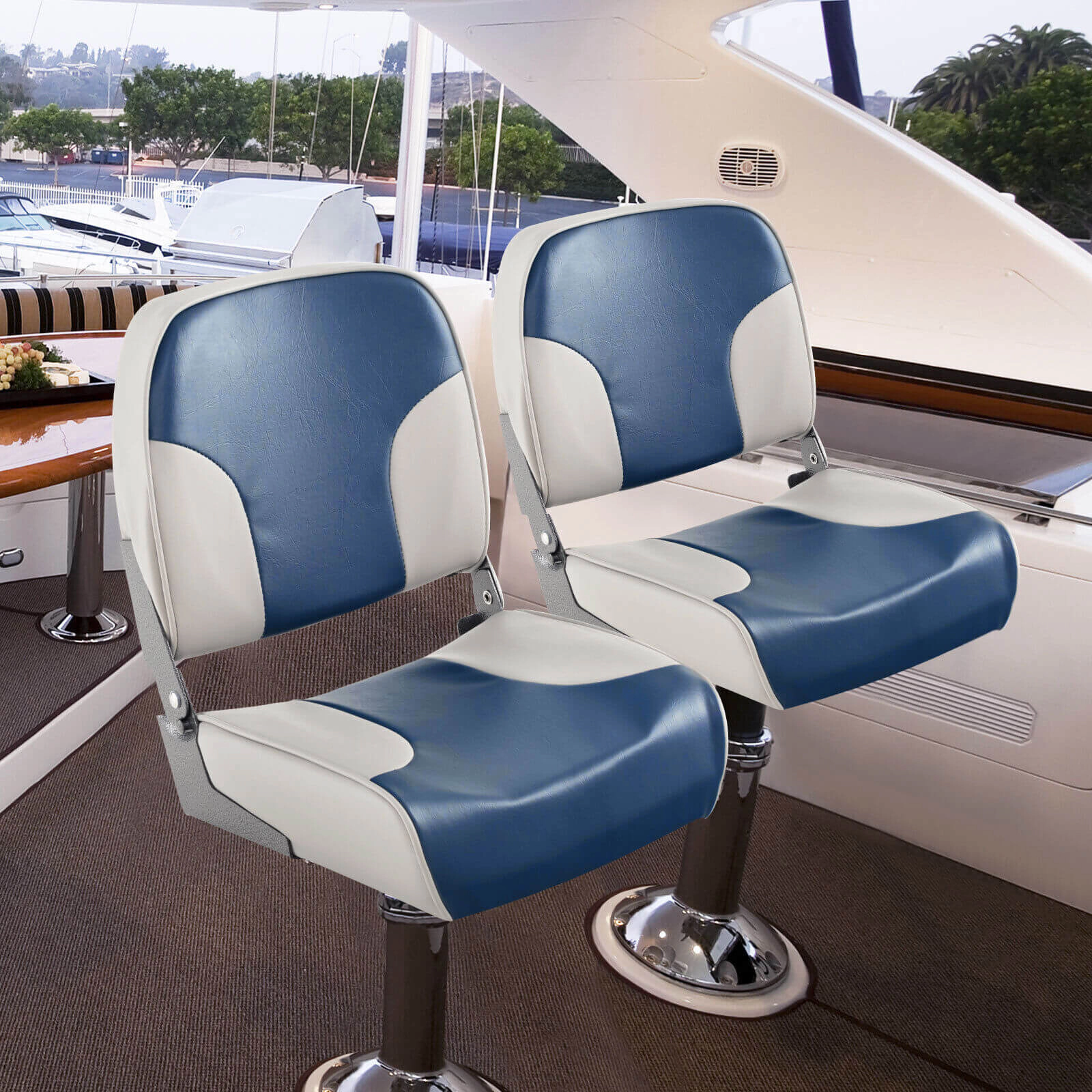 SUGIFT Folding Low Back Boat Seat Set with Sponge Padding and Aluminum Hinges 400-lb Capacity Blue