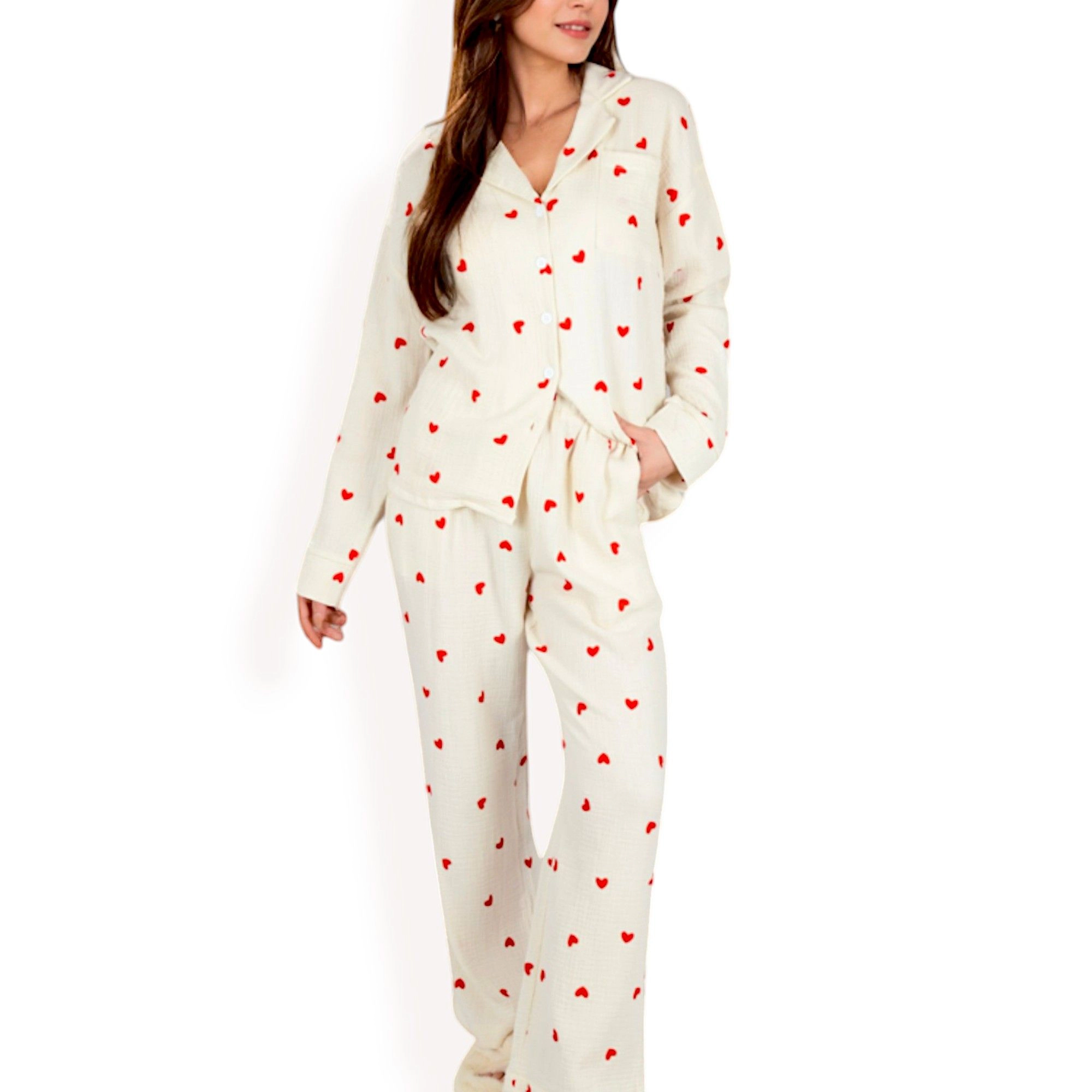 Anna-Kaci Women's Heart Print Valentine 2-Piece Pajama Set with Long Sleeve Button Up Top and Relaxed Fit Pants