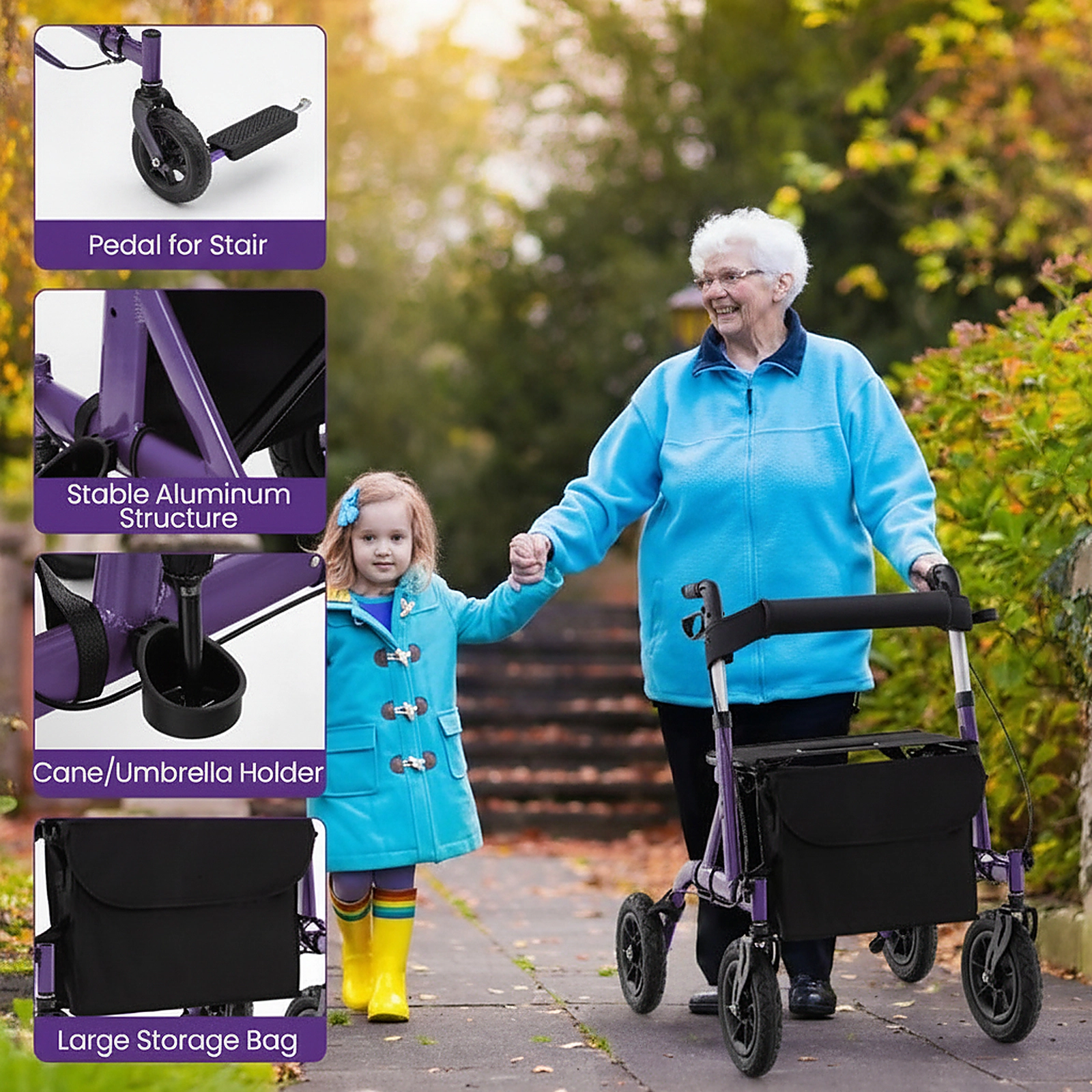 SUGIFT Folding Rollator Walker with Seat, 350-Lb Capacity, 9.5-Inch All-Terrain Wheels