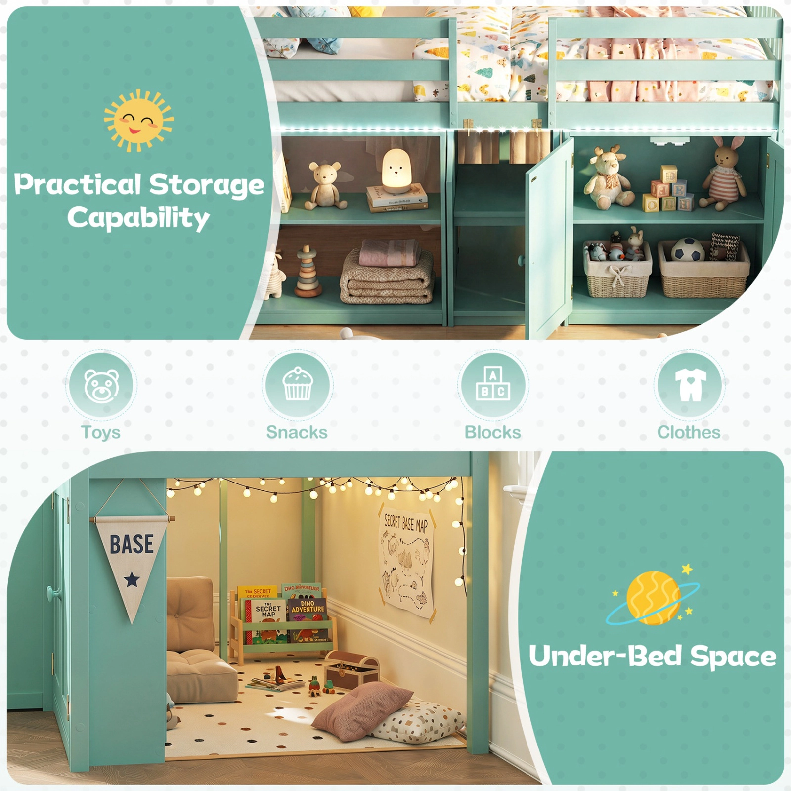 SUGIFT Green LED Lights Stairs Bookshelf and Cabinet Twin Size Kids Loft Bed