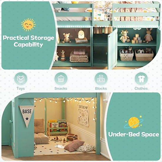SUGIFT Green LED Lights Stairs Bookshelf and Cabinet Twin Size Kids Loft Bed
