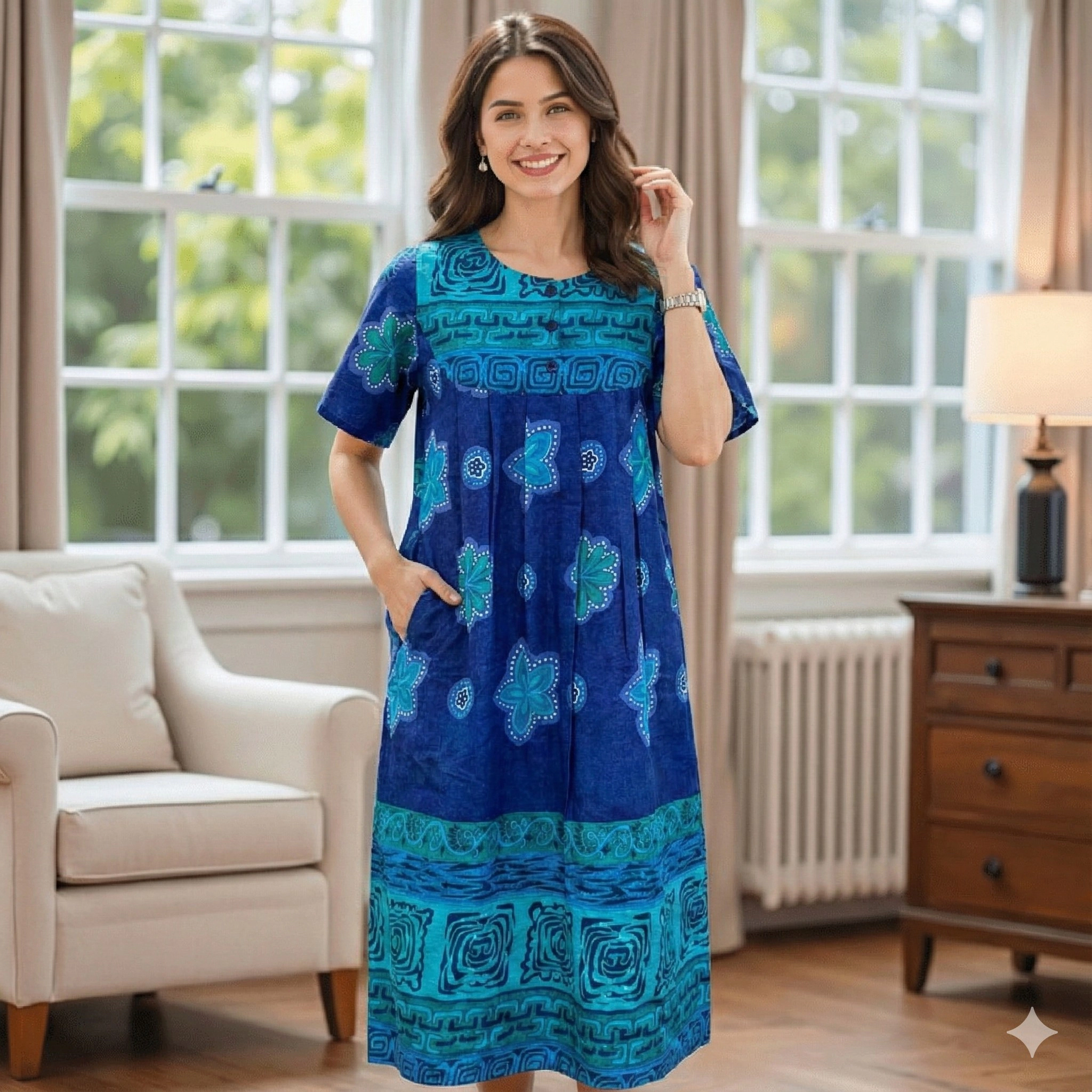Loungees Border Print Cotton PETITE length House Dress Caftan 3 Button Bib Yoke Short Sleeve