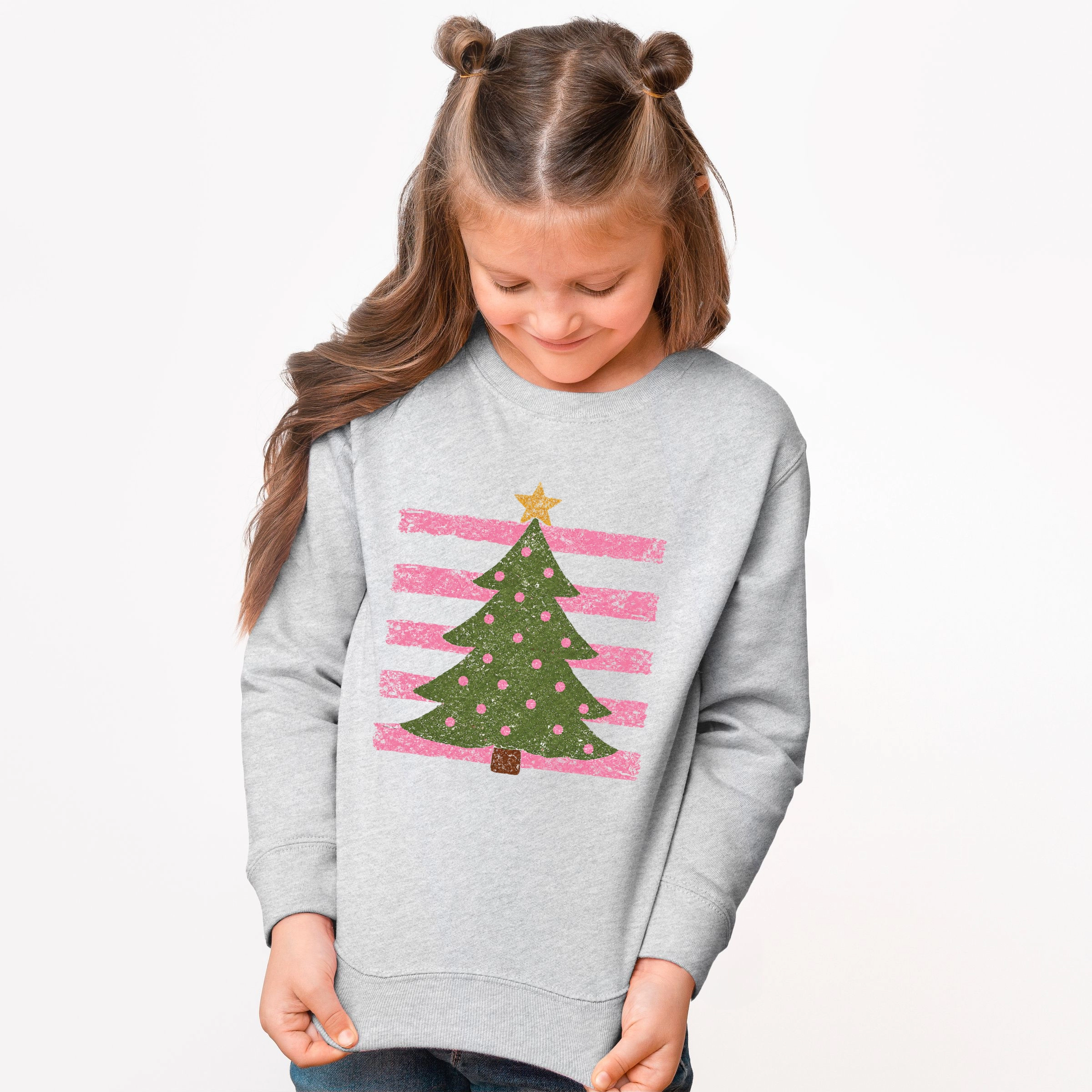 The Juniper Shop - Youth Graphic Sweatshirt Christmas Tree Pink Stripes