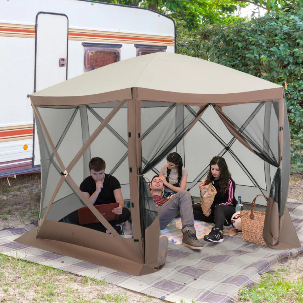 Hivvago Pop-up Gazebo 6-sided Instant Setup Screen House Hub Tent with Mesh Netting Walls-Coffee