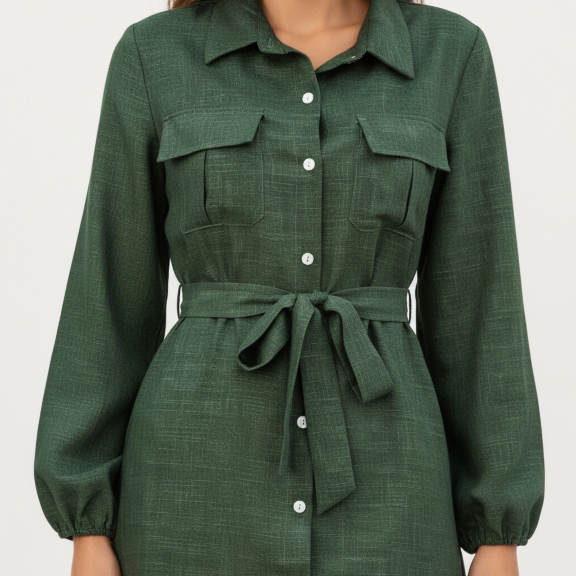 Anna-Kaci Women's Long Sleeve Button Front Waist Tie Utility Pockets Midi Dress
