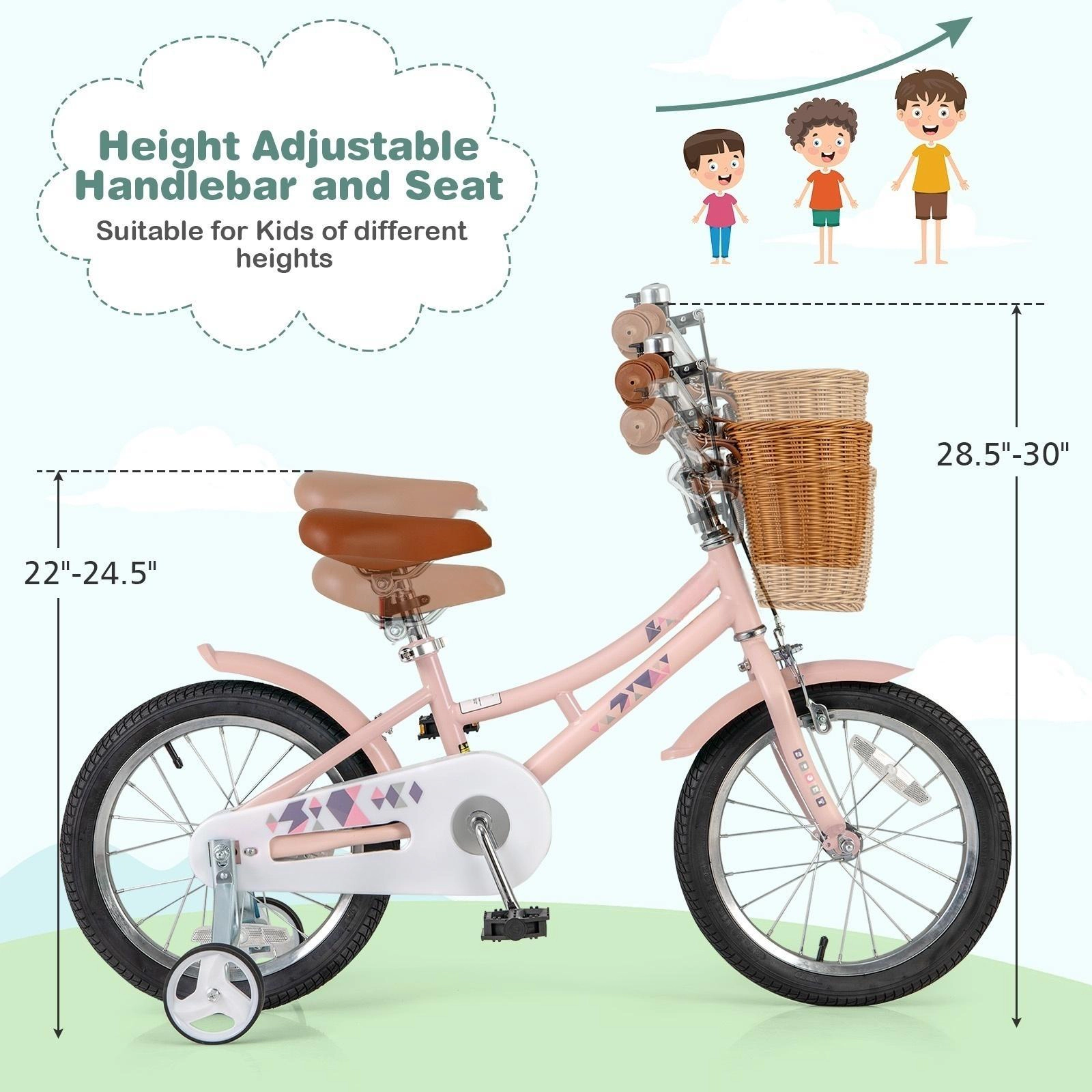 SUGIFT 16-Inch Pink Kids Bike with Basket, Fenders, Training Wheels and Dual Brakes