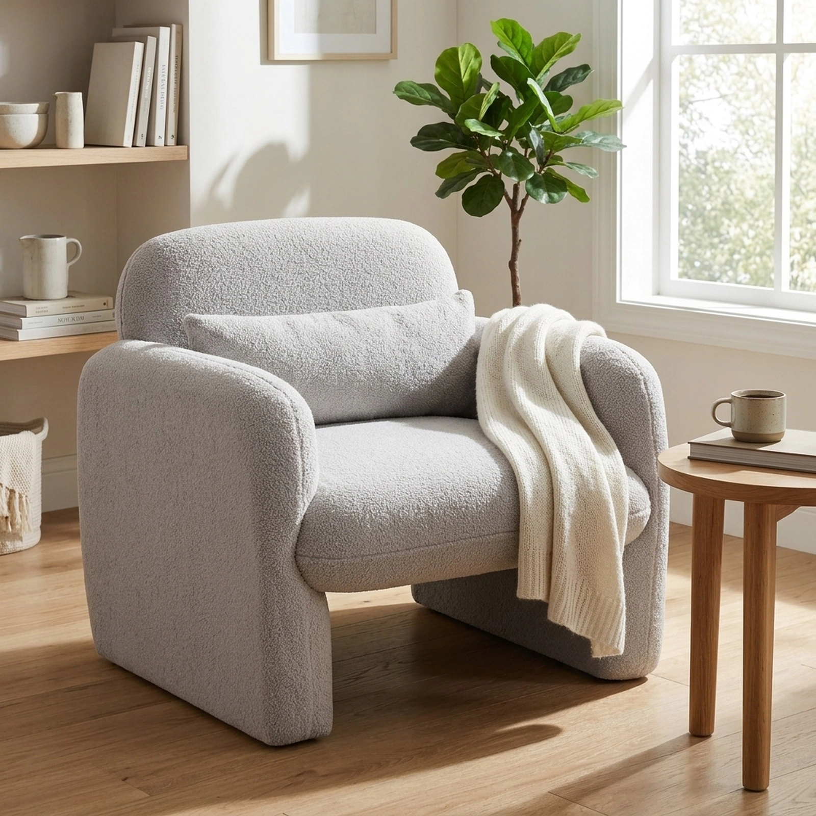 SUGIFT Modern Gray Sherpa Accent Chair, Oversized Armchair with 23-in Seat and Lumbar Pillow