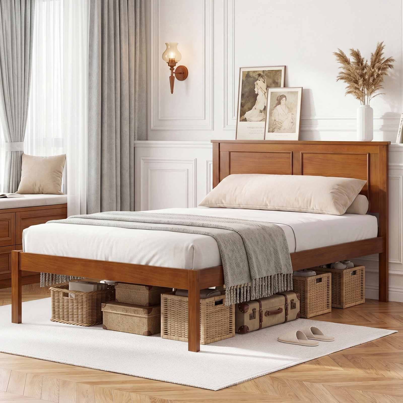 SUGIFT Twin Farmhouse Platform Bed with Panel Headboard, Walnut