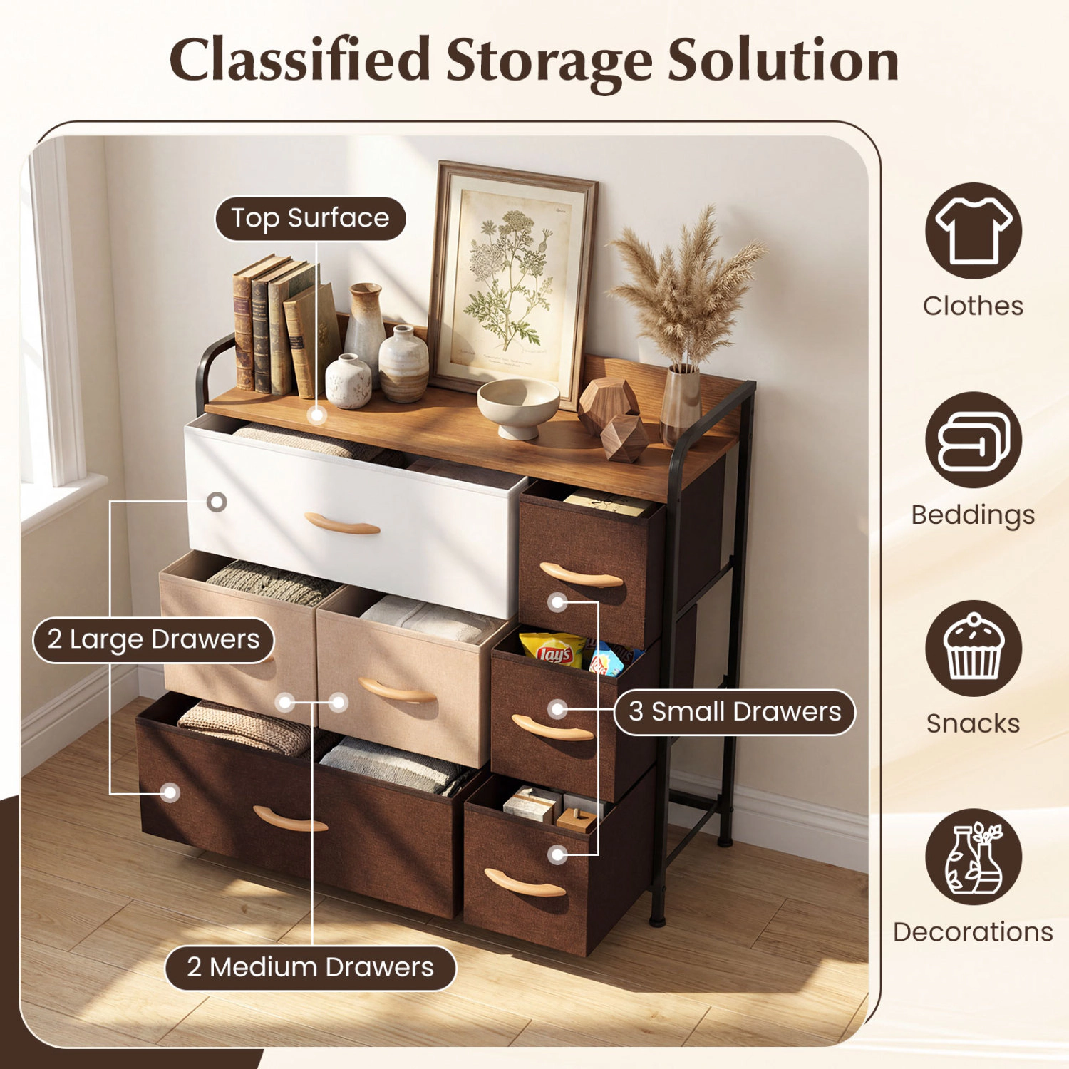 LJG 7 Drawer Tower Steel Frame and Wooden Top Dresser Storage Chest for Bedroom