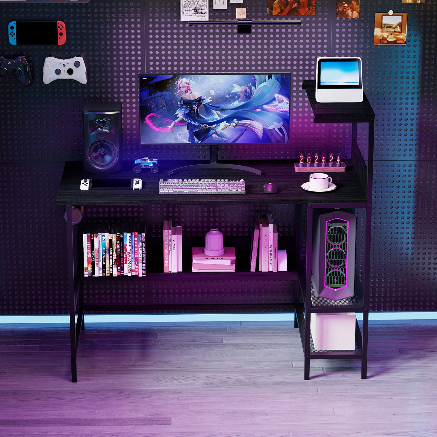 LJG 48 Inch Computer Desk with Power Outlets and Storage Shelves