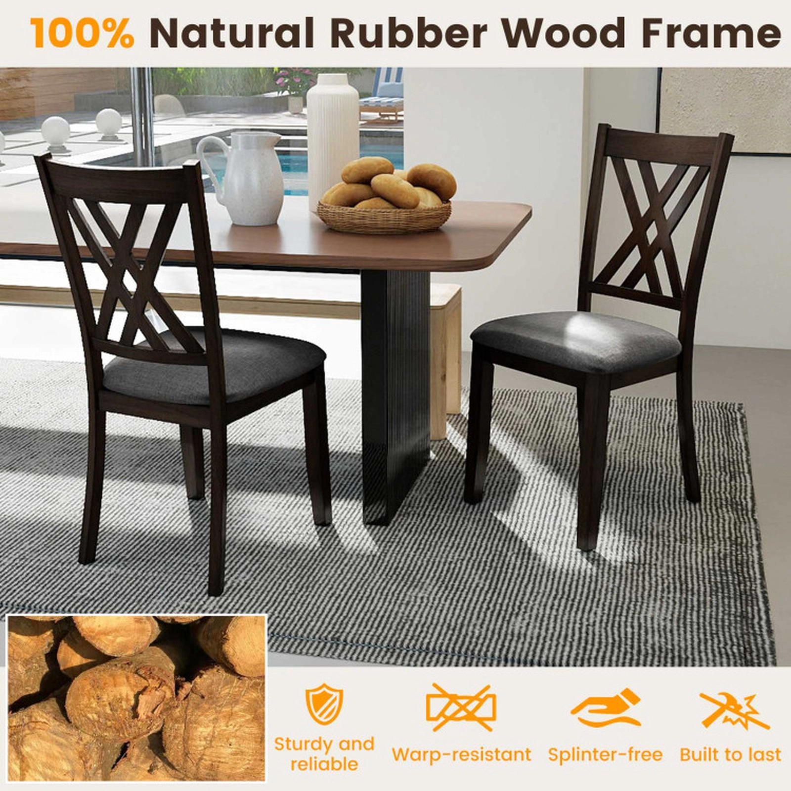 SUGIFT Gray Linen Upholstered X Back Farmhouse Rubber Wood Frame Set of 4 Dining Chairs