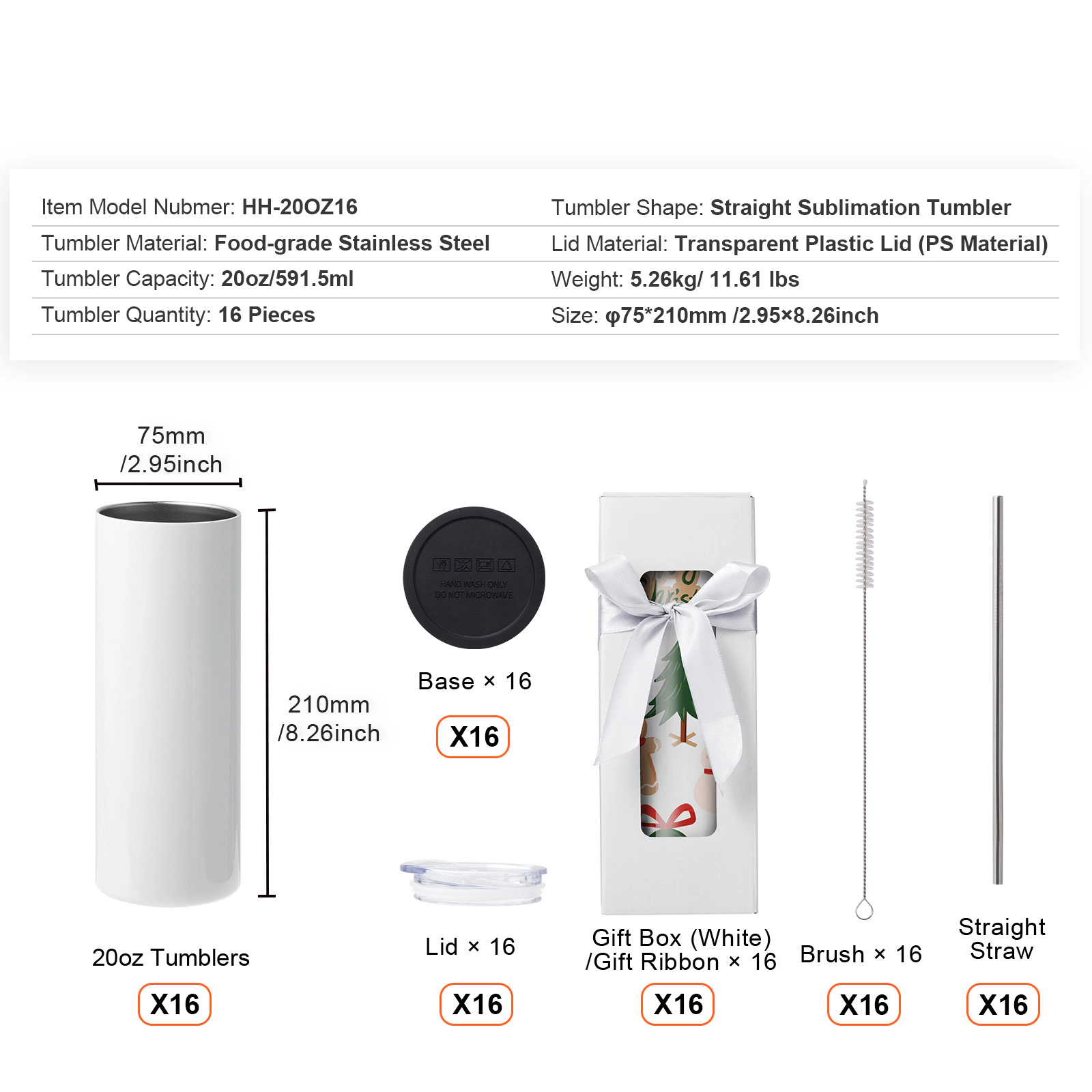 HONGGE Sublimation Tumblers 20oz Skinny Straight Stainless Steel Sublimation Tumblers Blank Stainless Steel Double Wall