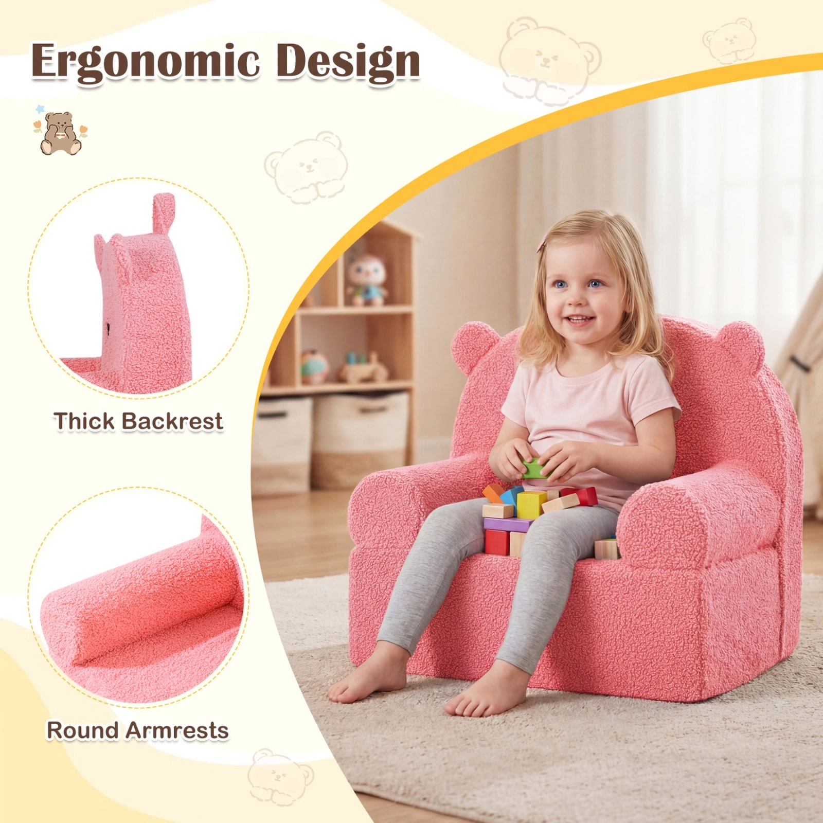 SUGIFT Pink Soft Teddy Fleece Cover Kids Bear Foam Couch Toddler Armchair
